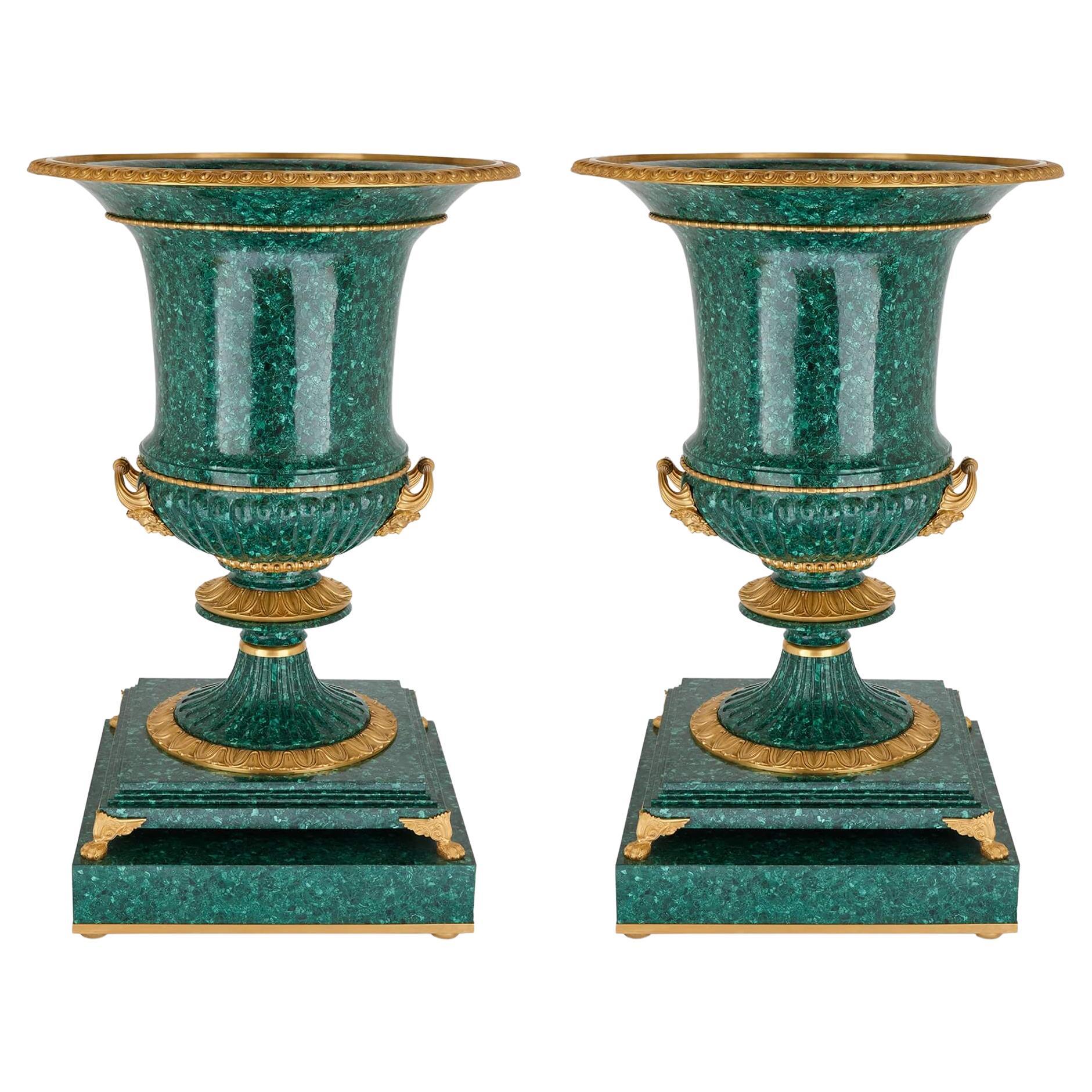 Pair of Very Large Malachite and Ormolu Vases For Sale