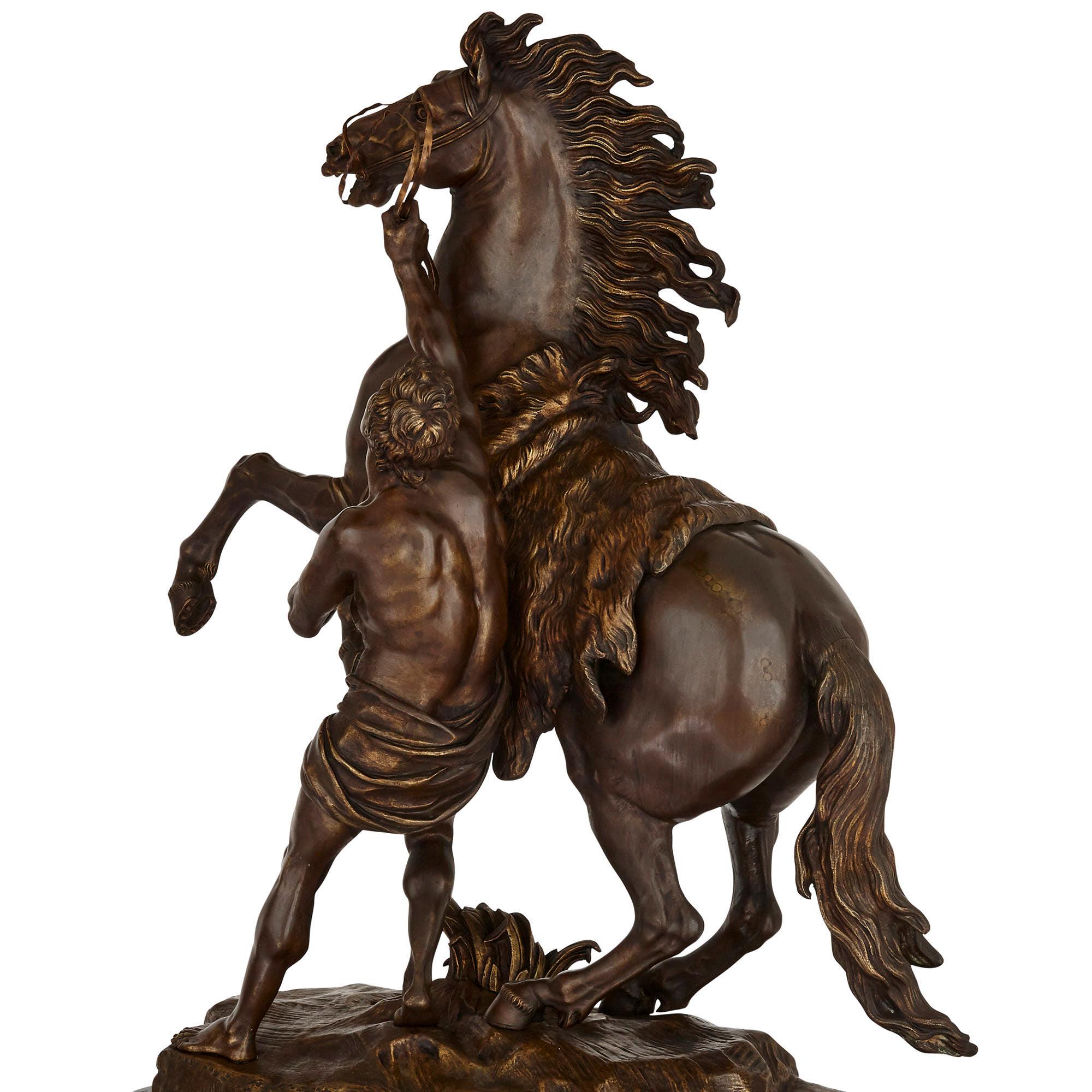 Belle Époque Pair of Very Large Patinated Bronze Marly Horses with Marble Pedestals For Sale