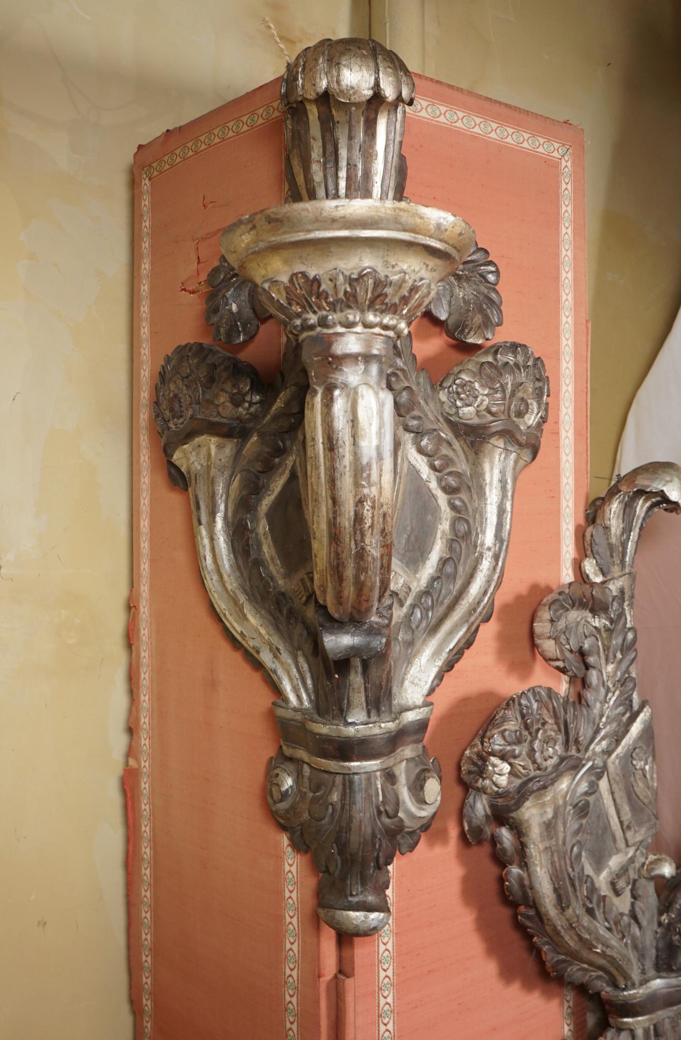 Pair of Very Large Period Baroque Carved Painted and Silver Gilt Pricket Sconces 3