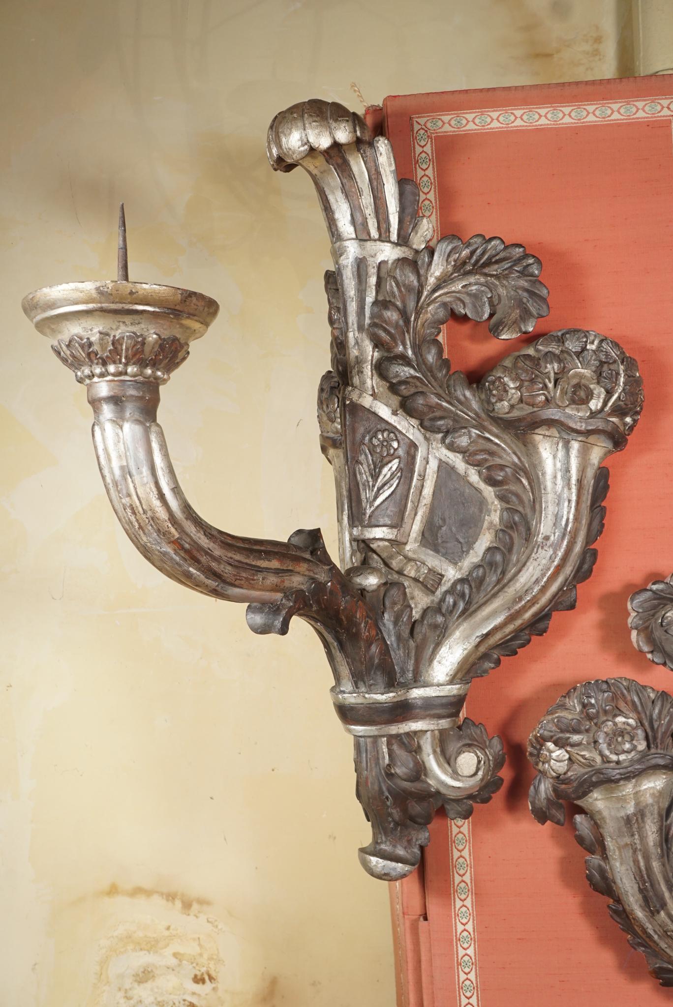 Italian Pair of Very Large Period Baroque Carved Painted and Silver Gilt Pricket Sconces