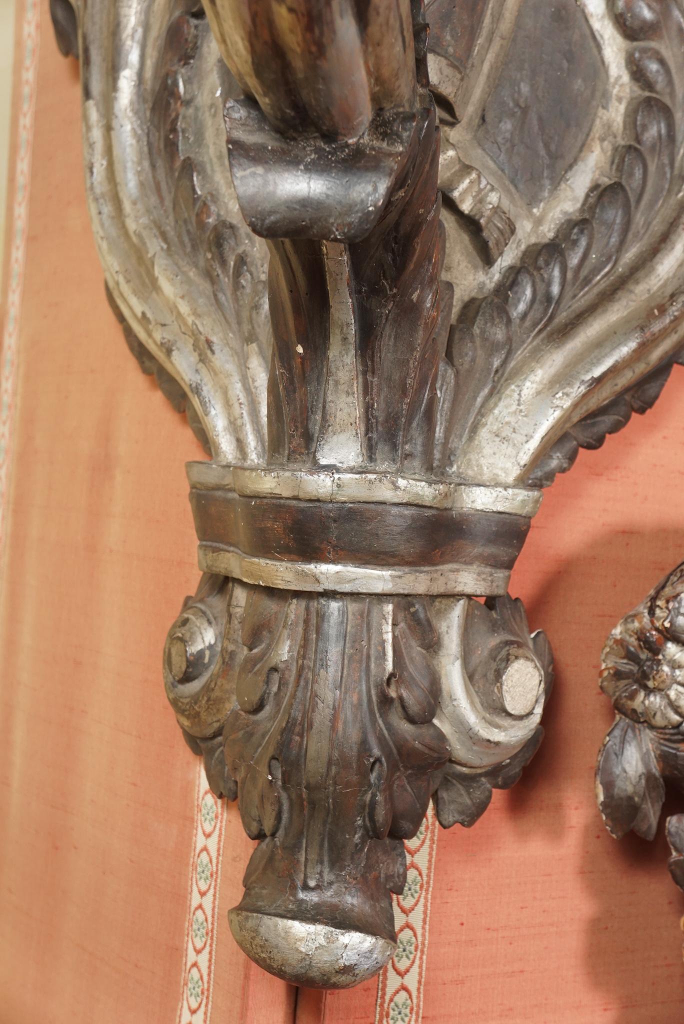 Wood Pair of Very Large Period Baroque Carved Painted and Silver Gilt Pricket Sconces