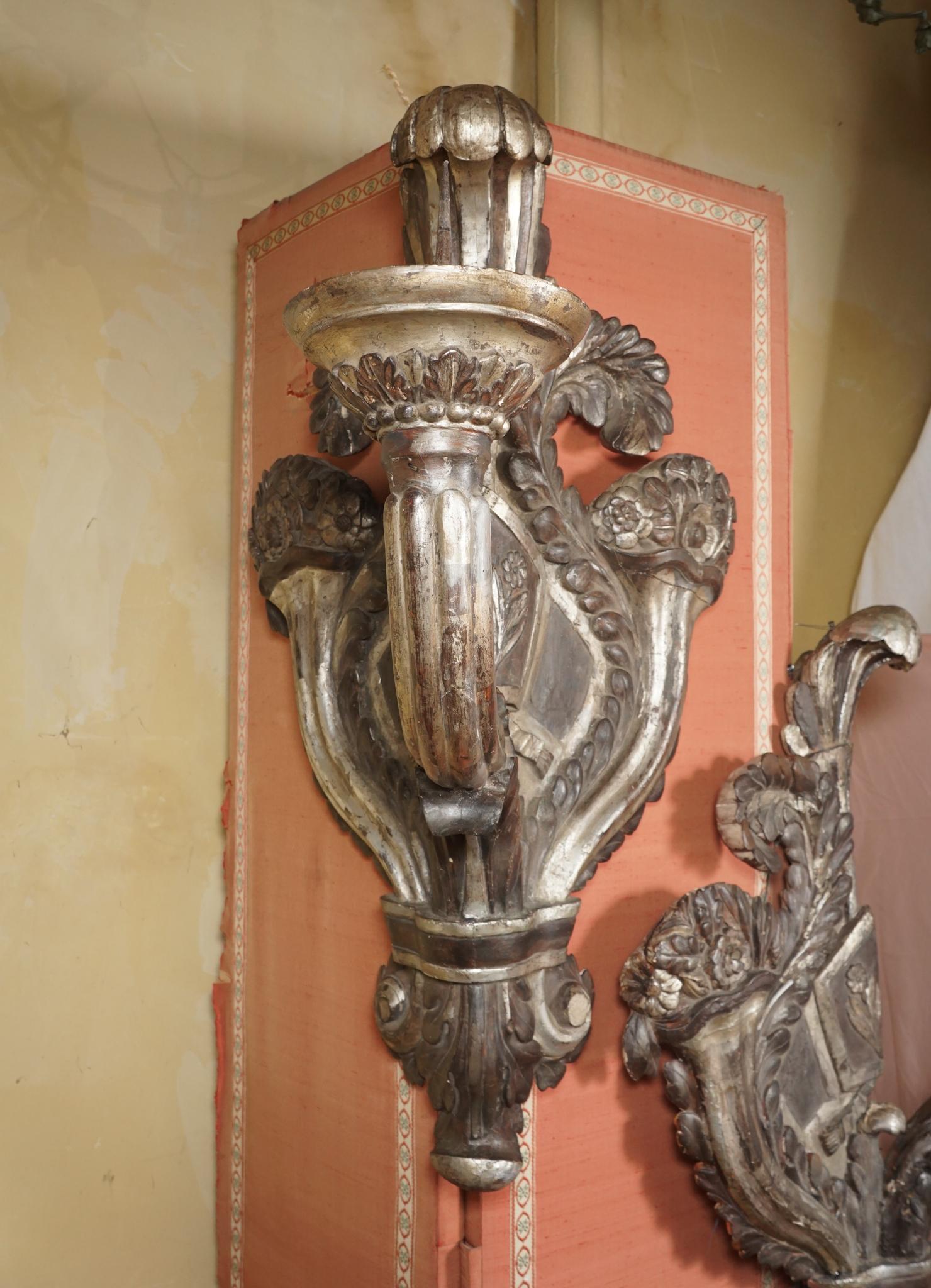 Pair of Very Large Period Baroque Carved Painted and Silver Gilt Pricket Sconces 2