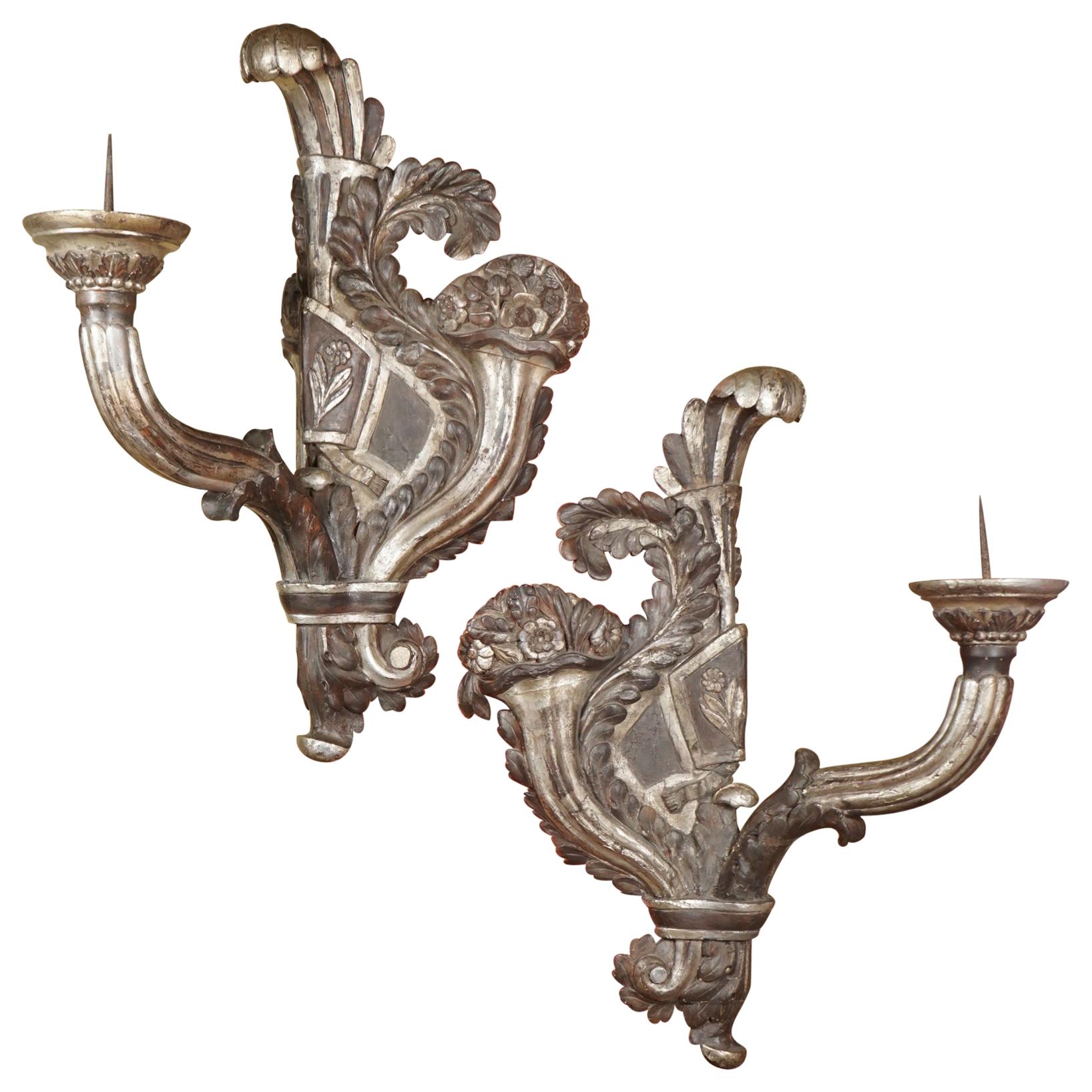 Pair of Very Large Period Baroque Carved Painted and Silver Gilt Pricket Sconces