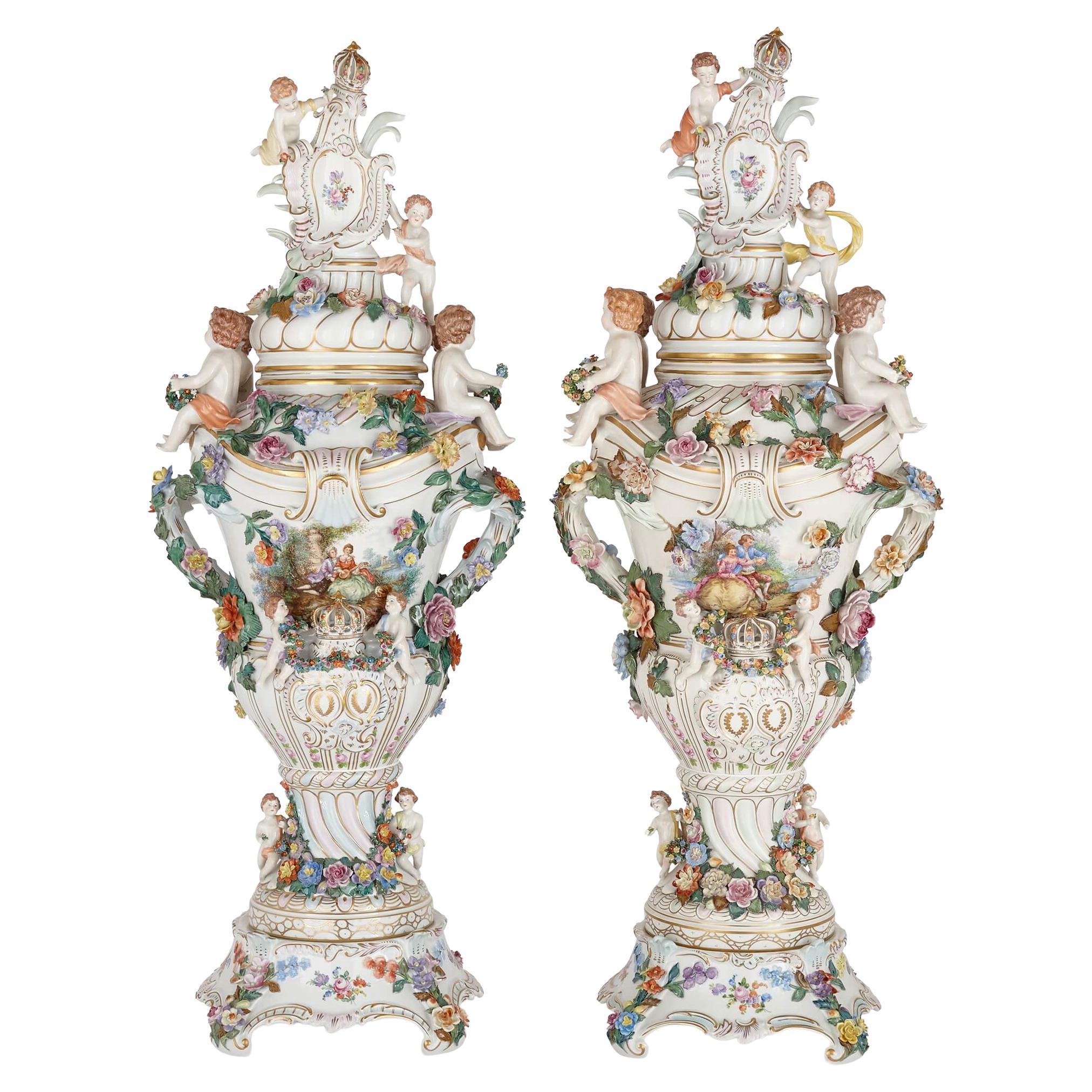 Antique Dresden Porcelain Jeweled Napoleonic Covered Vase at 1stDibs