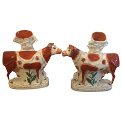 Vintage Pair of Very Large Staffordshire Cow Spill Vases