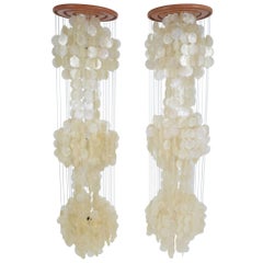 Retro Pair of Very Large Verner Panton Style Capiz Shell Chandeliers