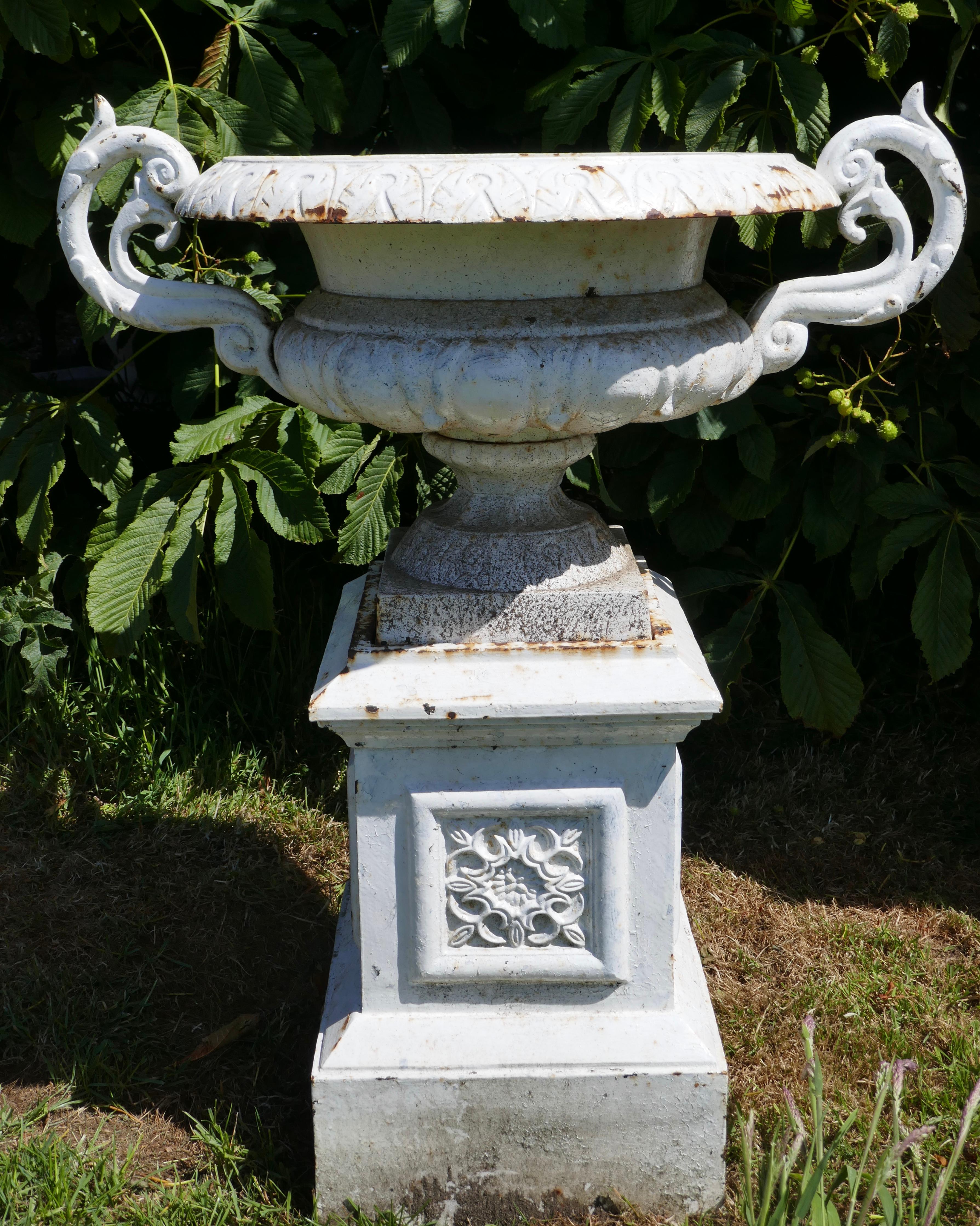 Adam Style Pair of Very Large Victorian Cast Iron Garden Urns, Garden Planters