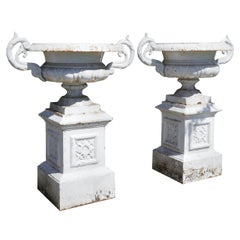 Pair of Very Large Victorian Cast Iron Garden Urns, Garden Planters