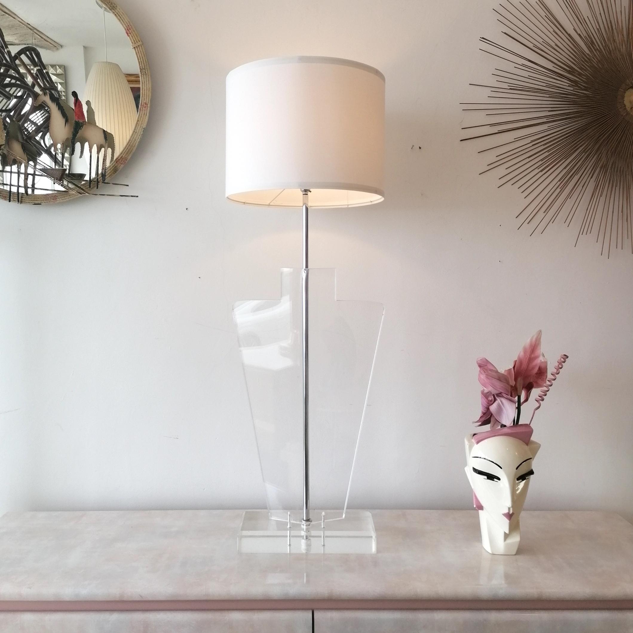 Pair of Very Large Vintage Architectural Lucite & Chrome Lamps, 1970s Italy 2