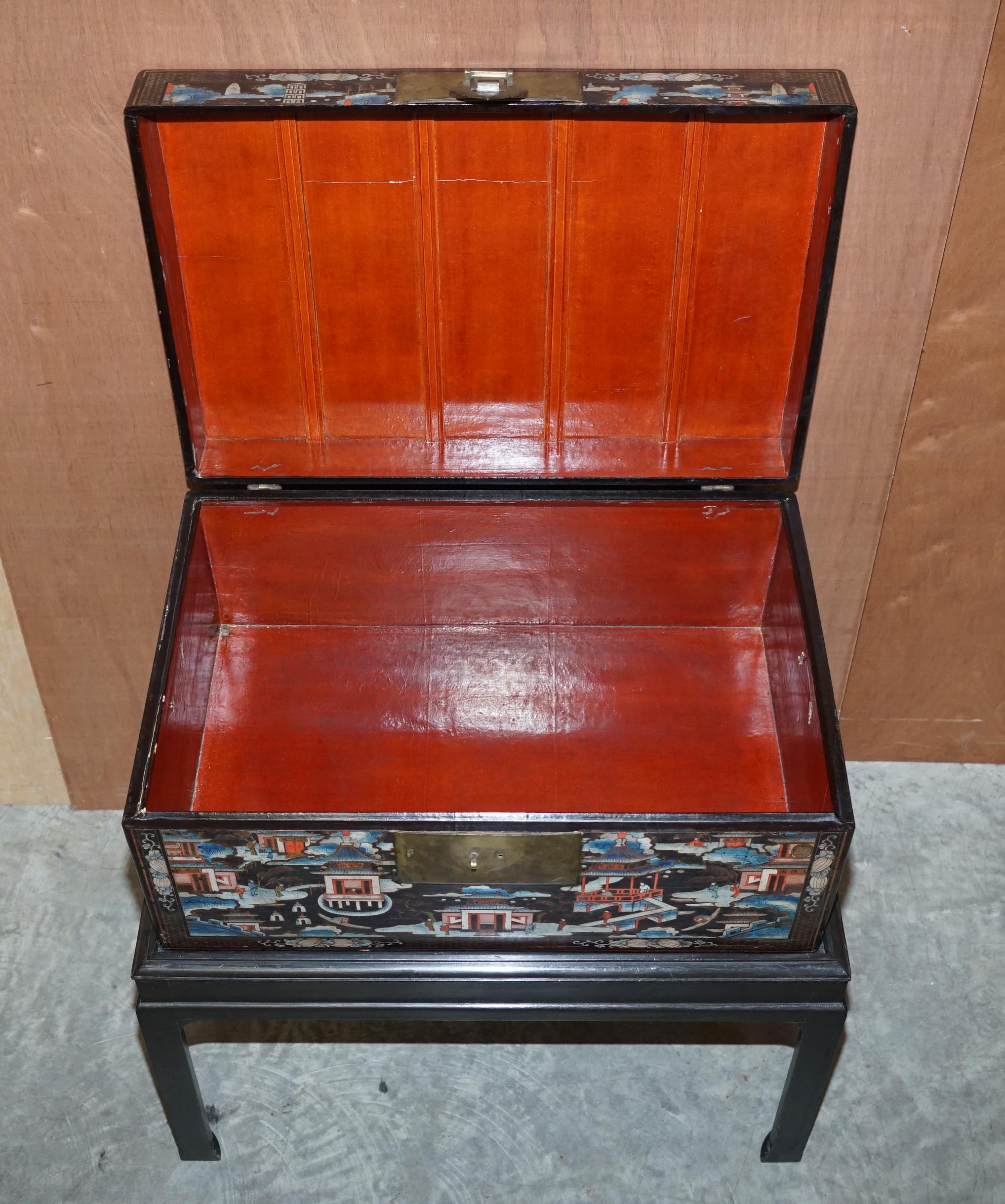 Pair of Very Large Vintage Hand Painted Chinese Trunks / Chests on Stands Tables For Sale 13