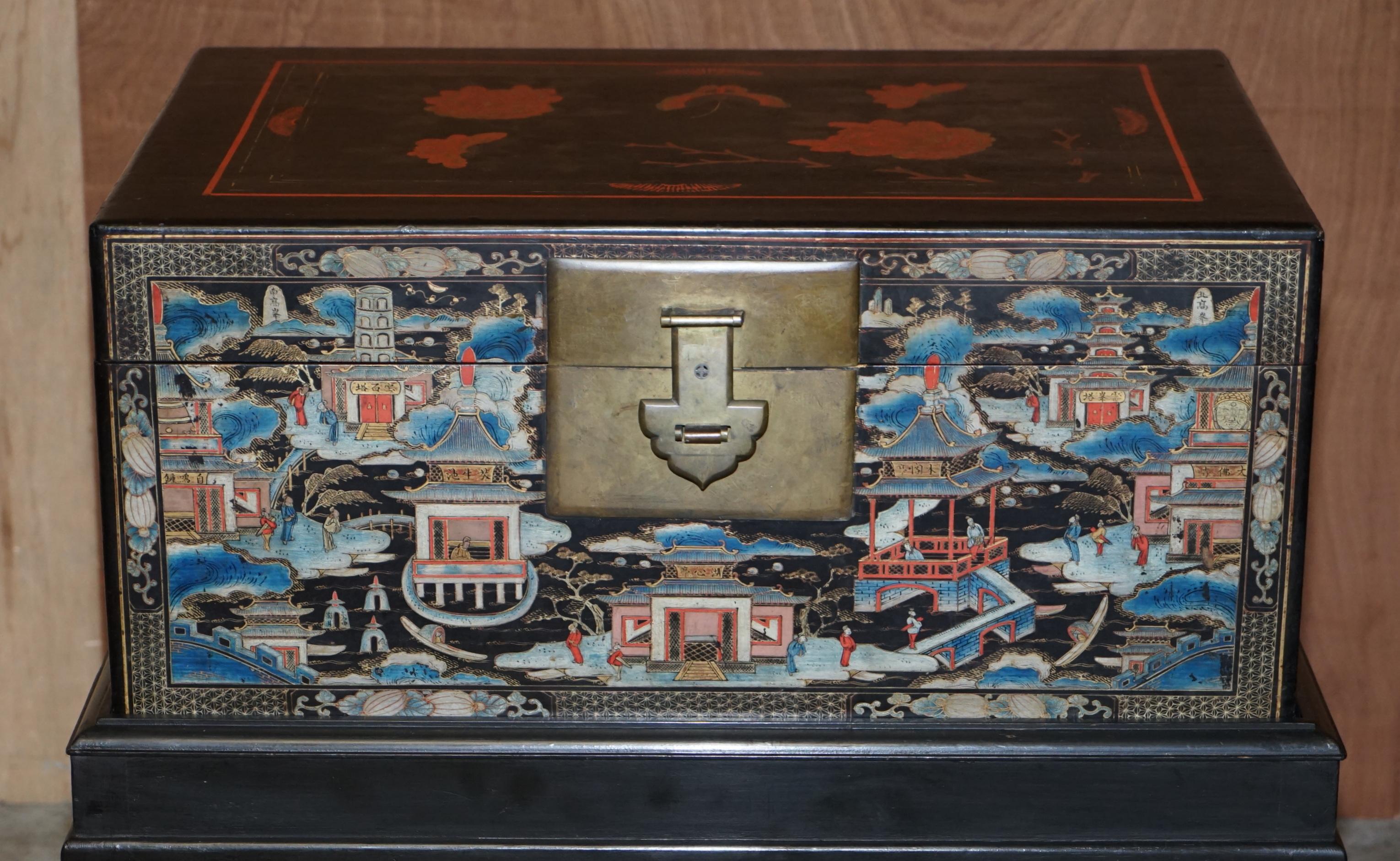 Early 20th Century Pair of Very Large Vintage Hand Painted Chinese Trunks / Chests on Stands Tables For Sale