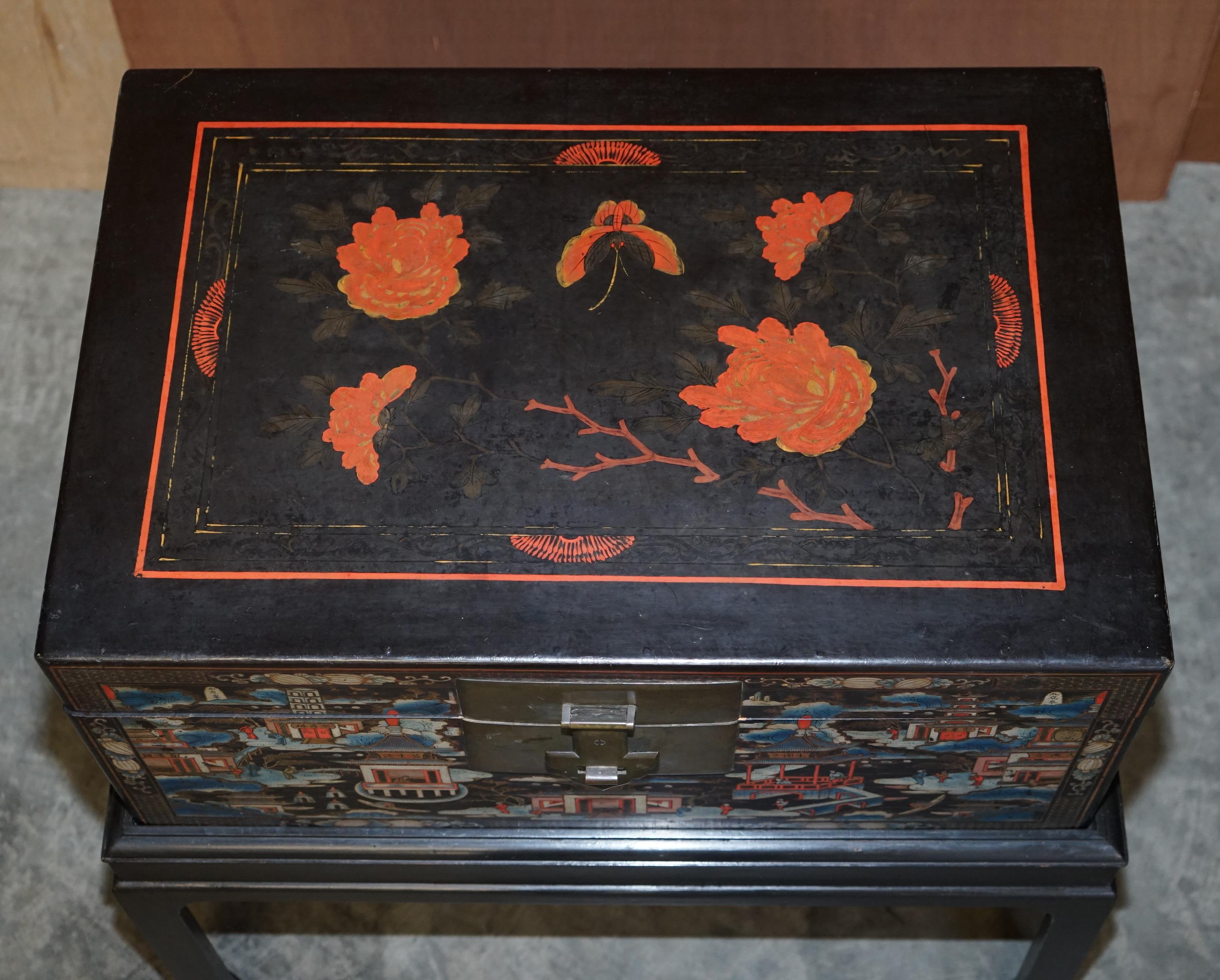Pair of Very Large Vintage Hand Painted Chinese Trunks / Chests on Stands Tables For Sale 2