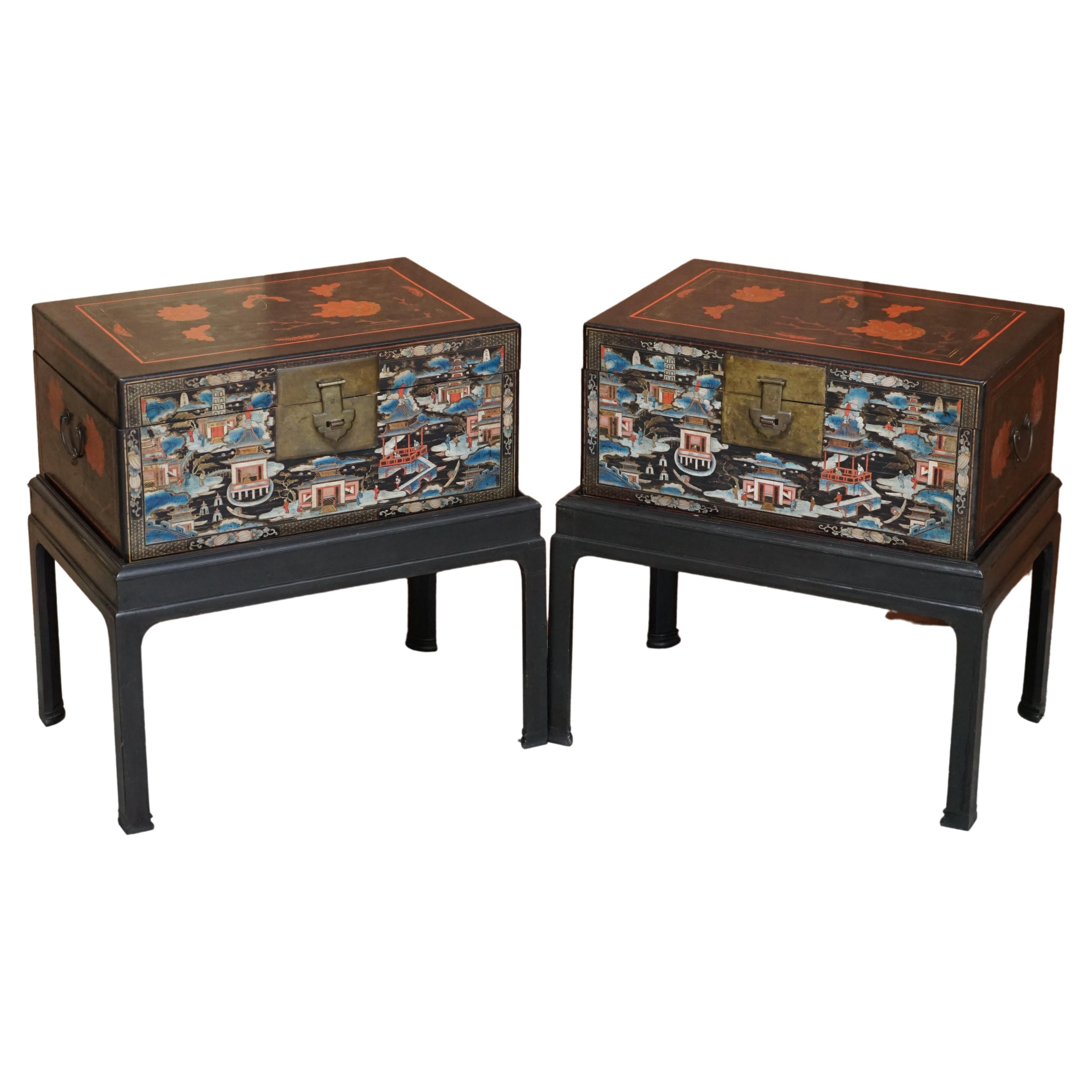 Pair of Very Large Vintage Hand Painted Chinese Trunks / Chests on Stands Tables For Sale
