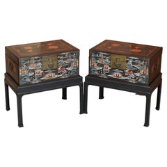 Pair of Very Large Vintage Hand Painted Chinese Trunks / Chests on Stands Tables
