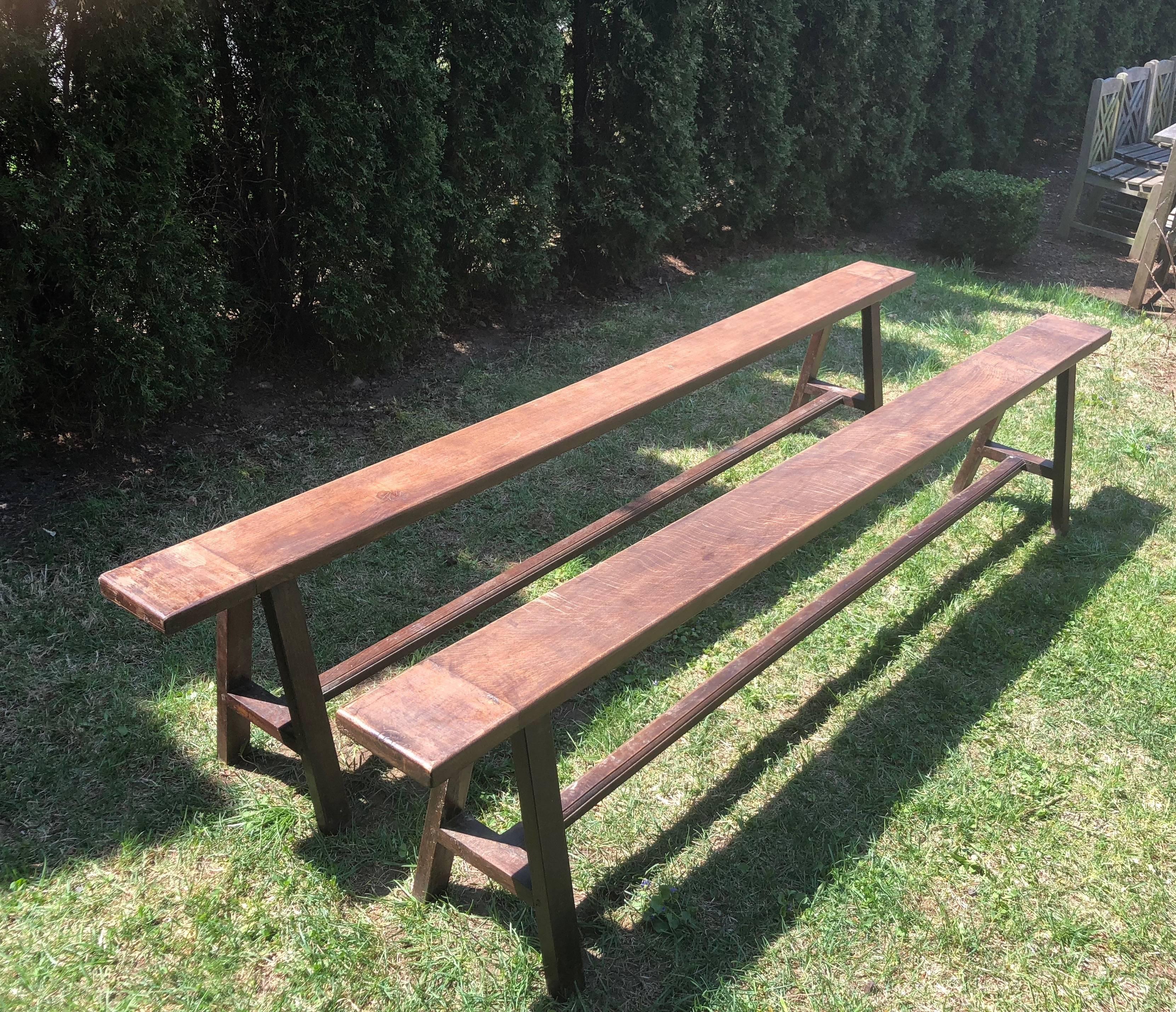 Rustic Pair of Very Long French Oak Benches