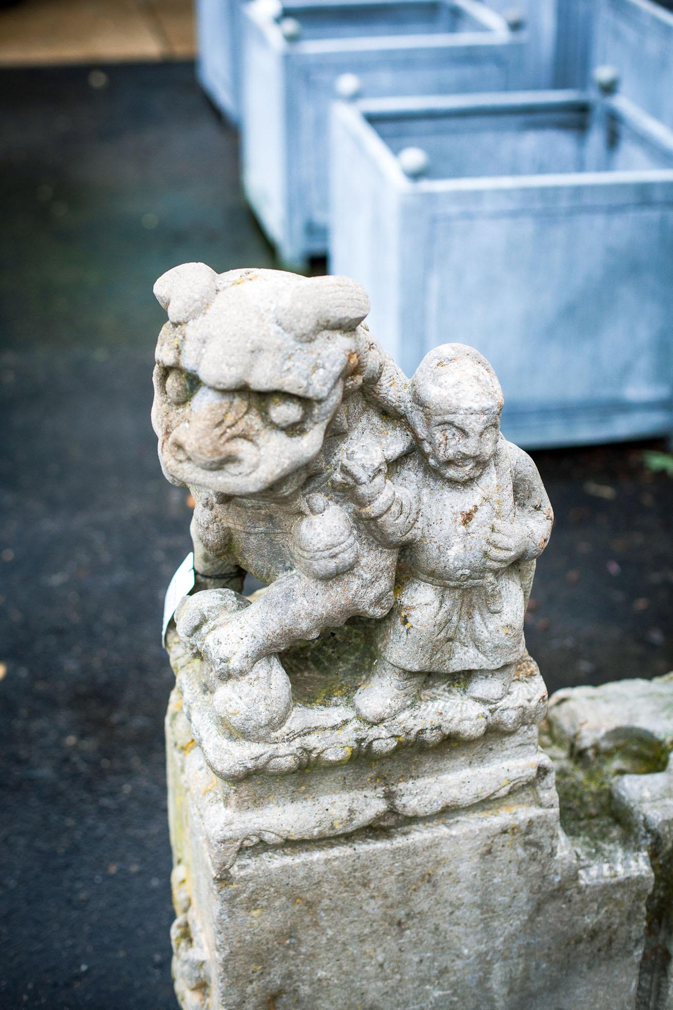 Hand-Carved Pair of Very Old Carved Stone Foo Dog Architectural Remnants