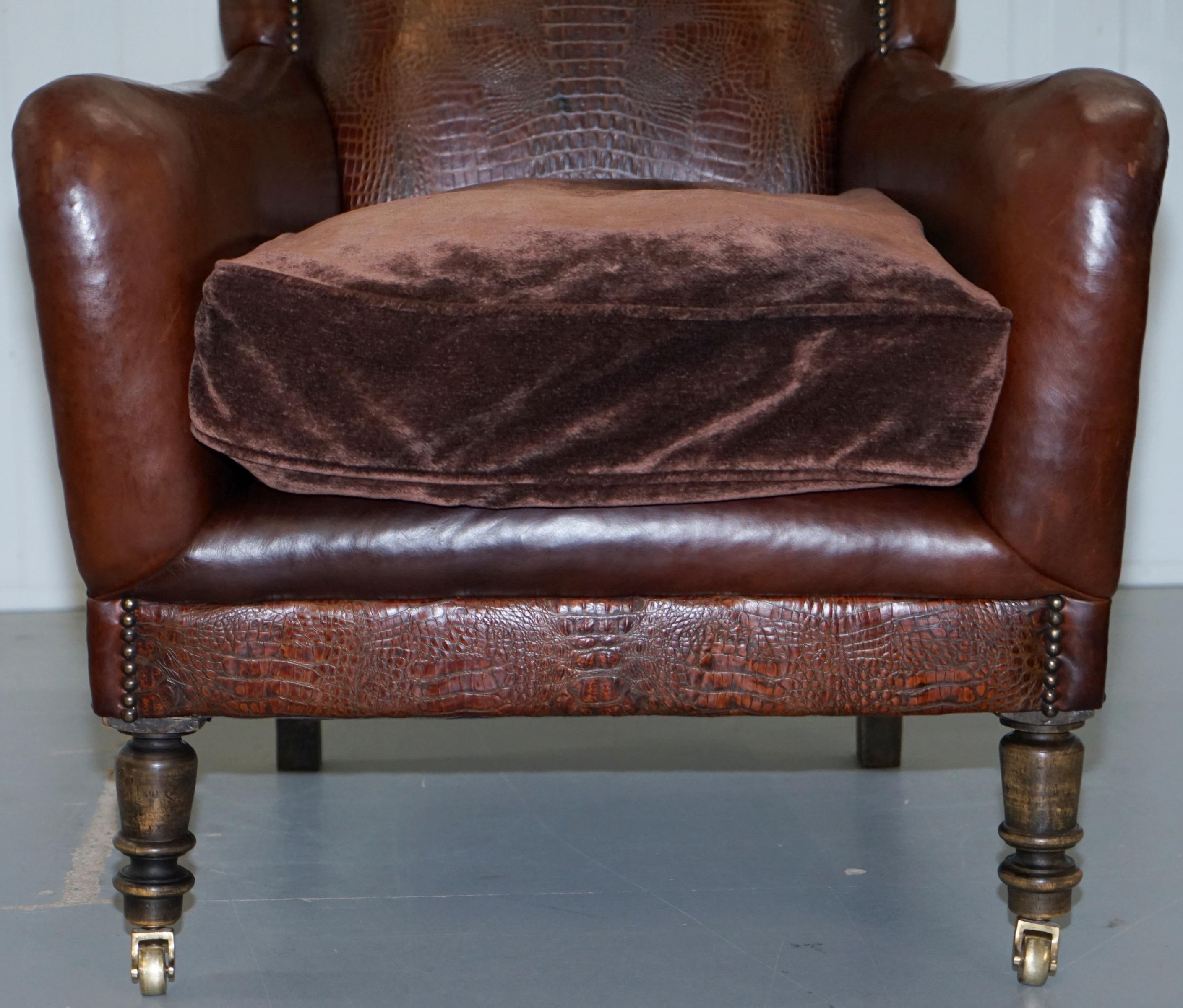 Pair of Very Rare Aged Brown Alligator or Crocodile Leather Patina Armchairs 4