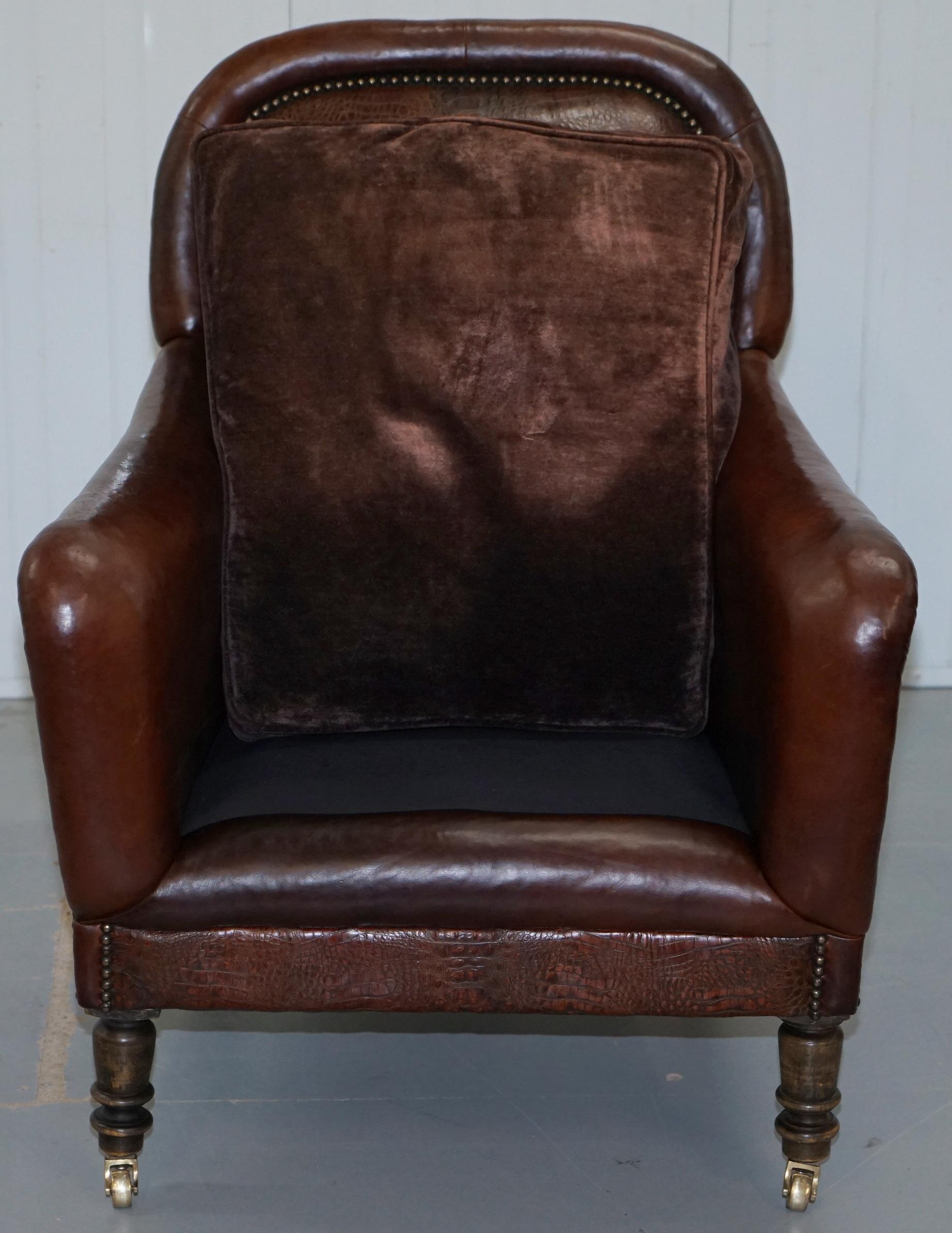 Pair of Very Rare Aged Brown Alligator or Crocodile Leather Patina Armchairs 6