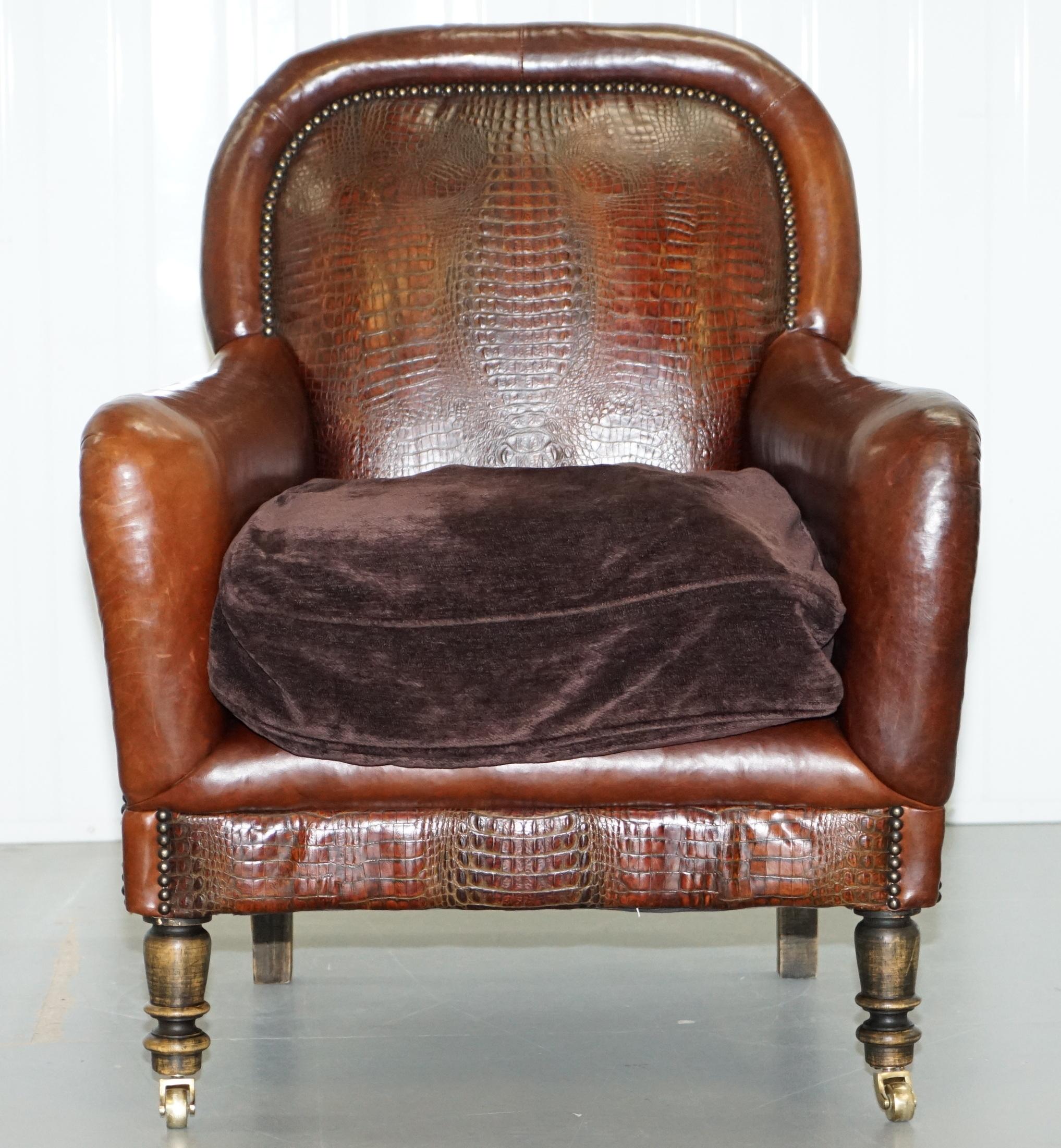 Pair of Very Rare Aged Brown Alligator or Crocodile Leather Patina Armchairs 10