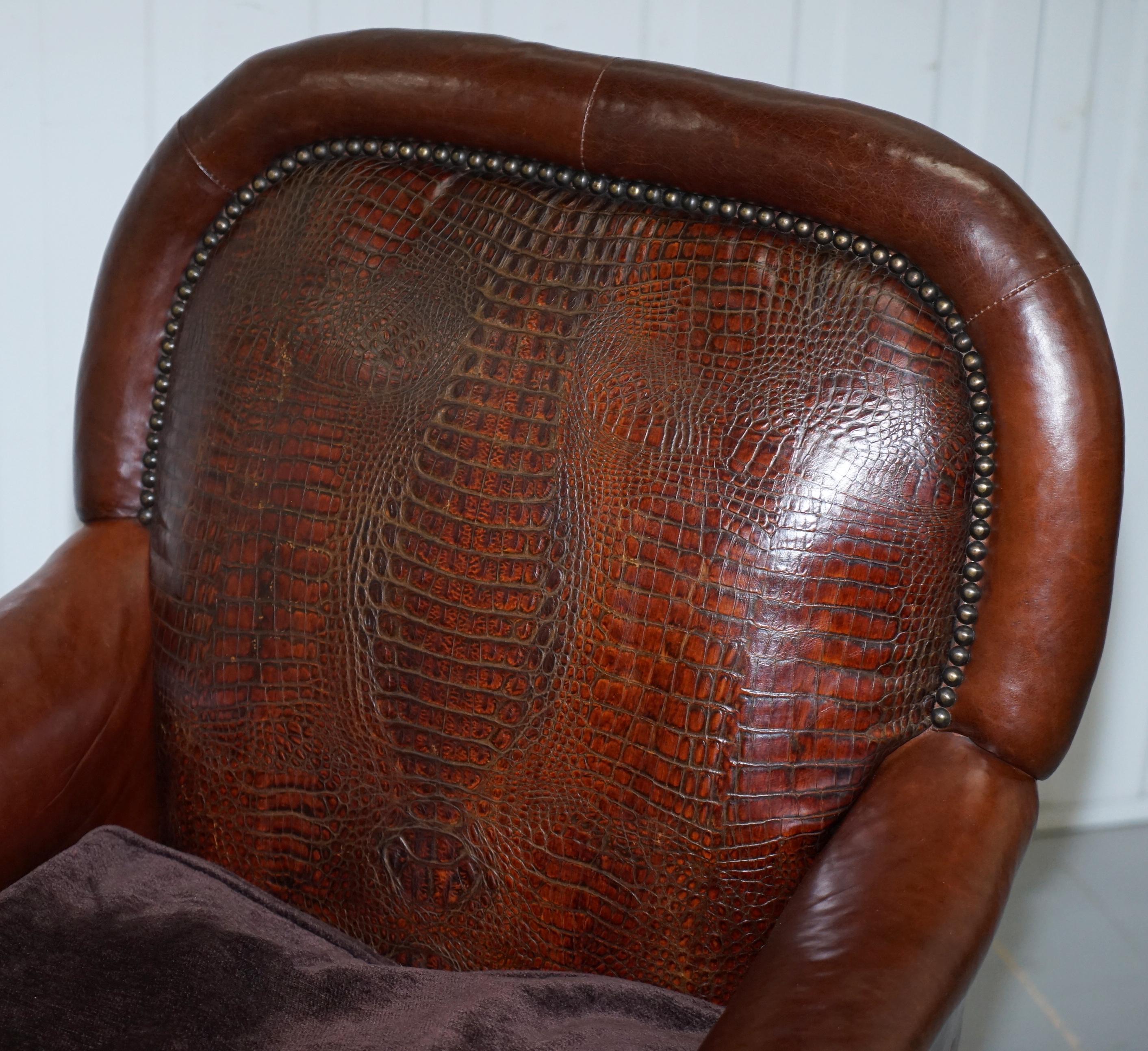 Pair of Very Rare Aged Brown Alligator or Crocodile Leather Patina Armchairs 11