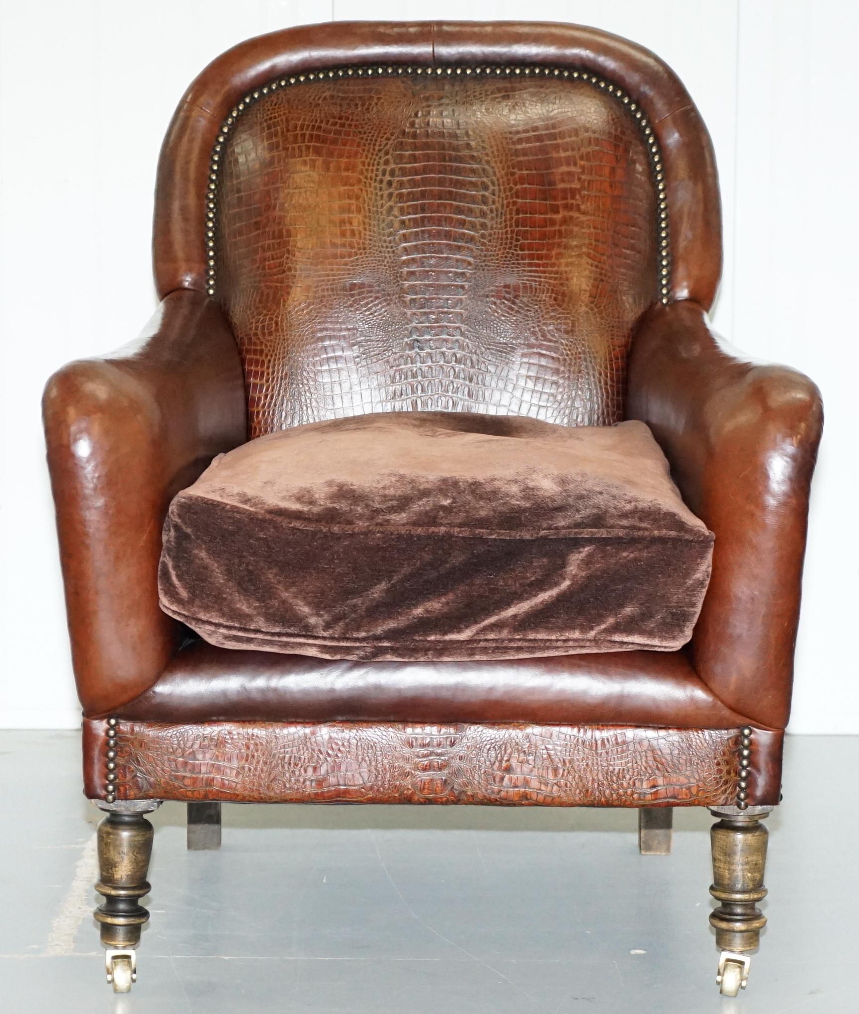 Mid-Century Modern Pair of Very Rare Aged Brown Alligator or Crocodile Leather Patina Armchairs