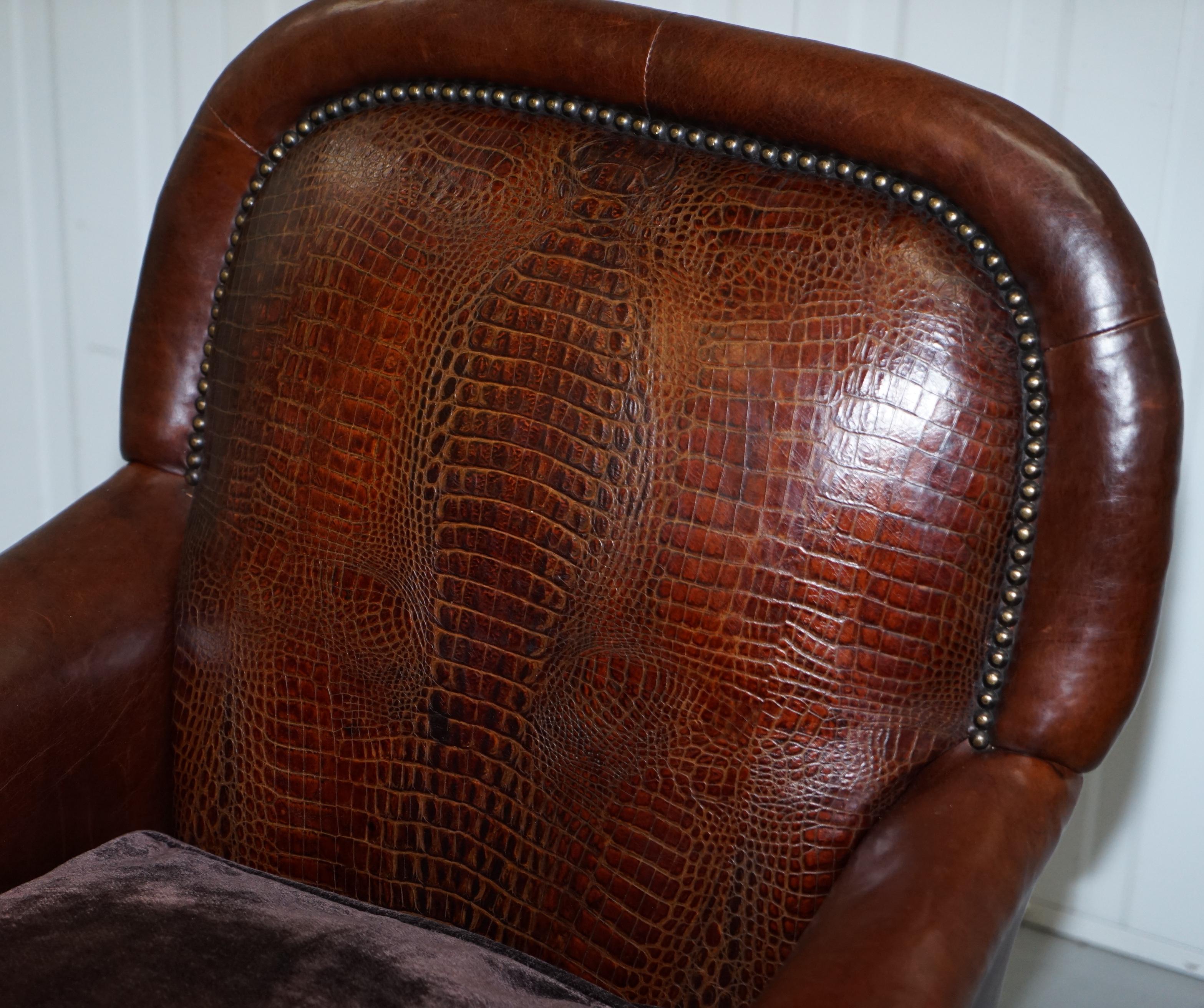 Hand-Carved Pair of Very Rare Aged Brown Alligator or Crocodile Leather Patina Armchairs