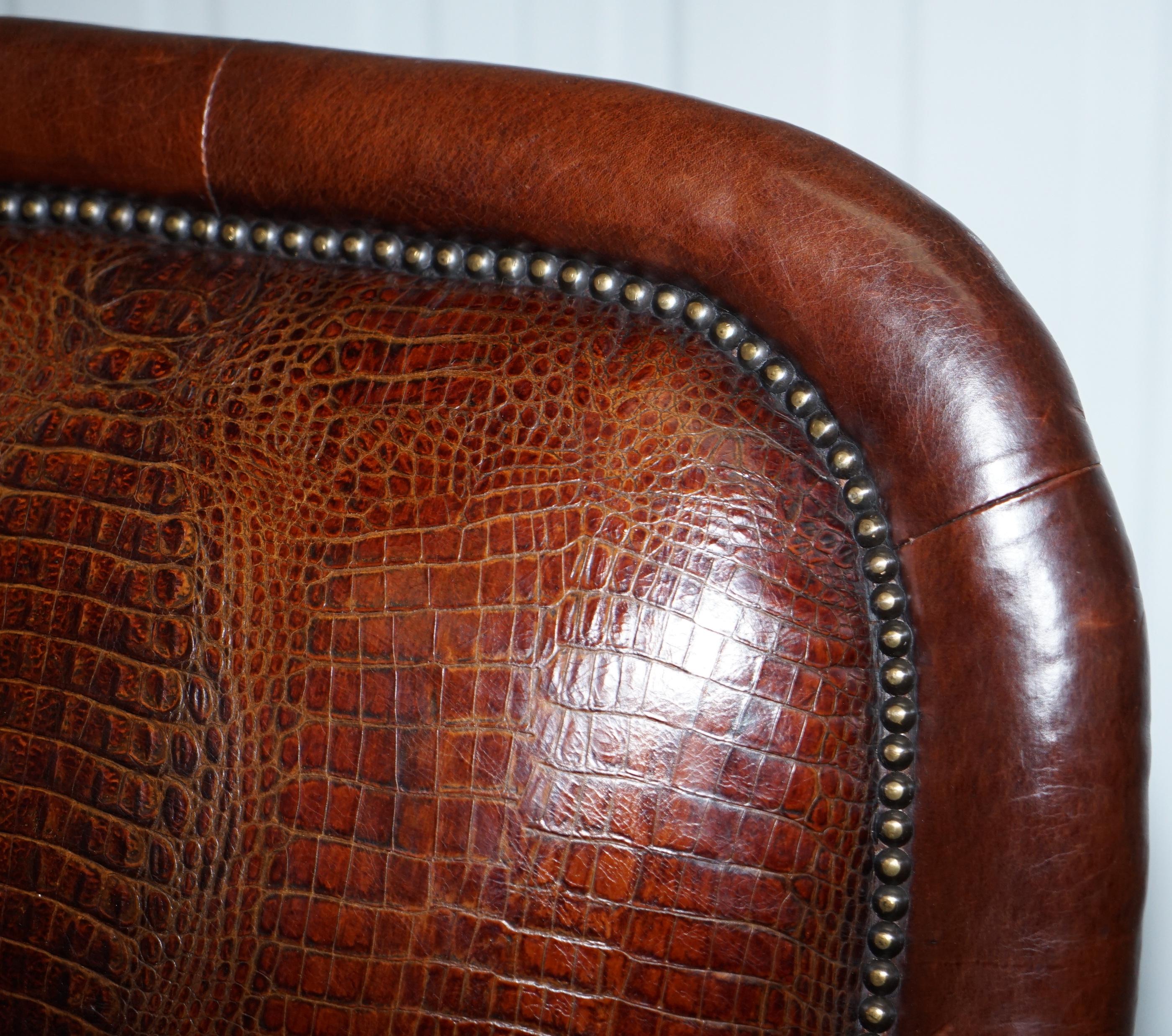 Pair of Very Rare Aged Brown Alligator or Crocodile Leather Patina Armchairs 1