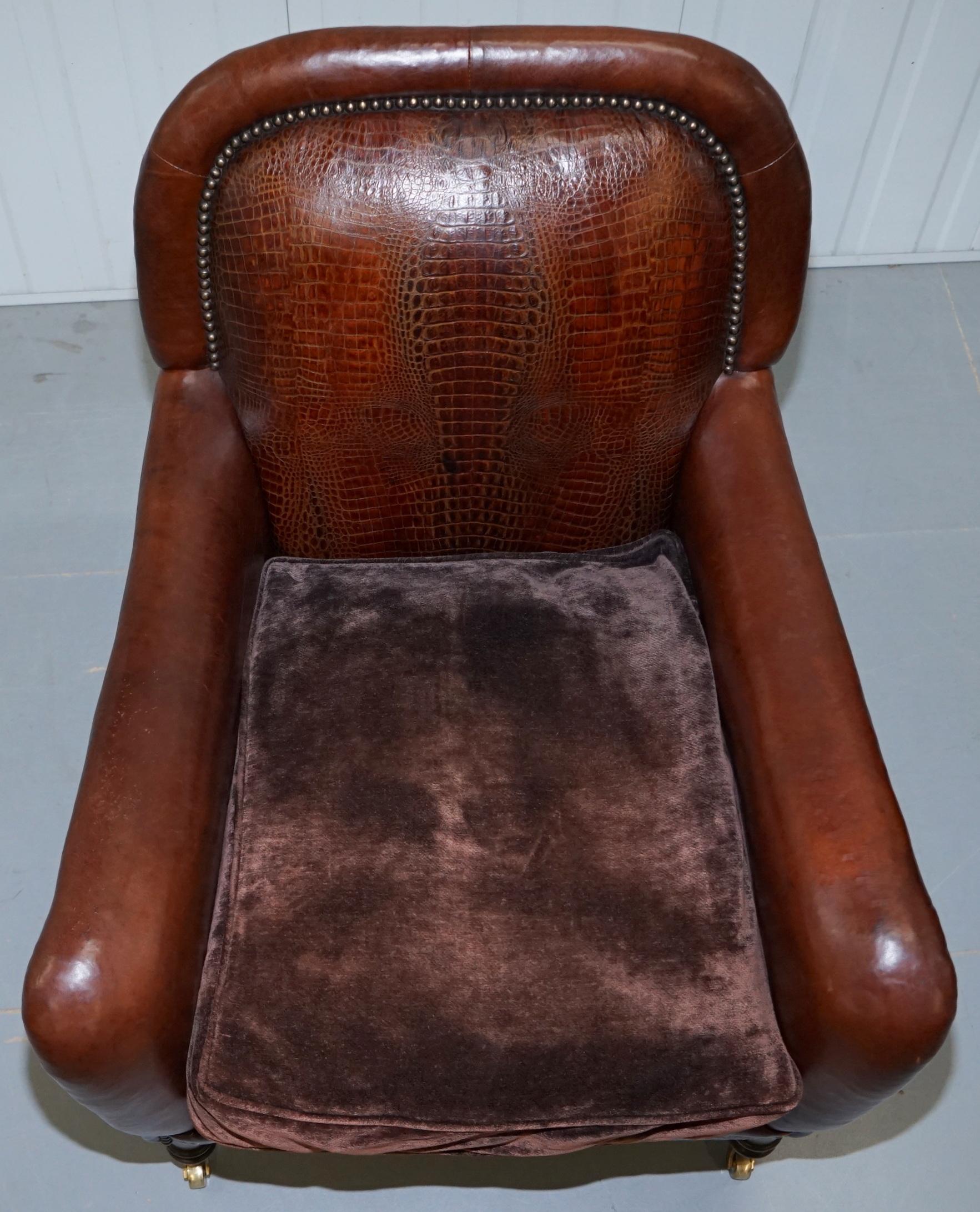 Pair of Very Rare Aged Brown Alligator or Crocodile Leather Patina Armchairs 2