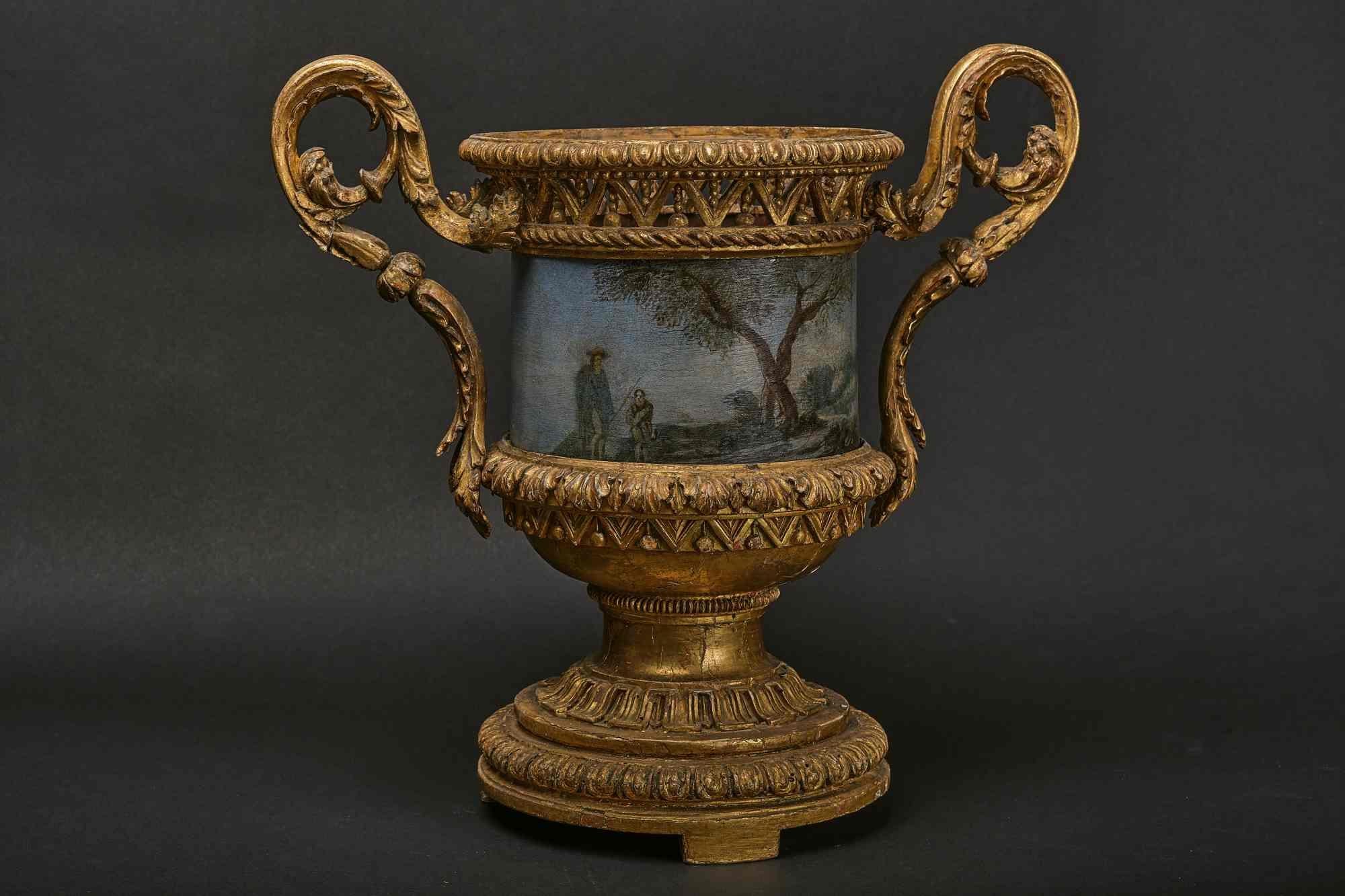 Paire de vases en bois sculptés et dorés très rares avec cache-pot en métal peint en feuille en vente 2