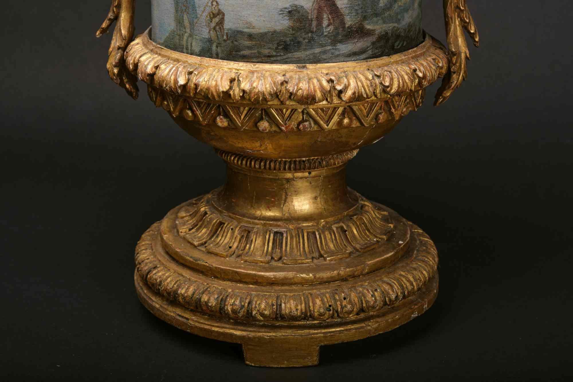 Paire de vases en bois sculptés et dorés très rares avec cache-pot en métal peint en feuille en vente 3