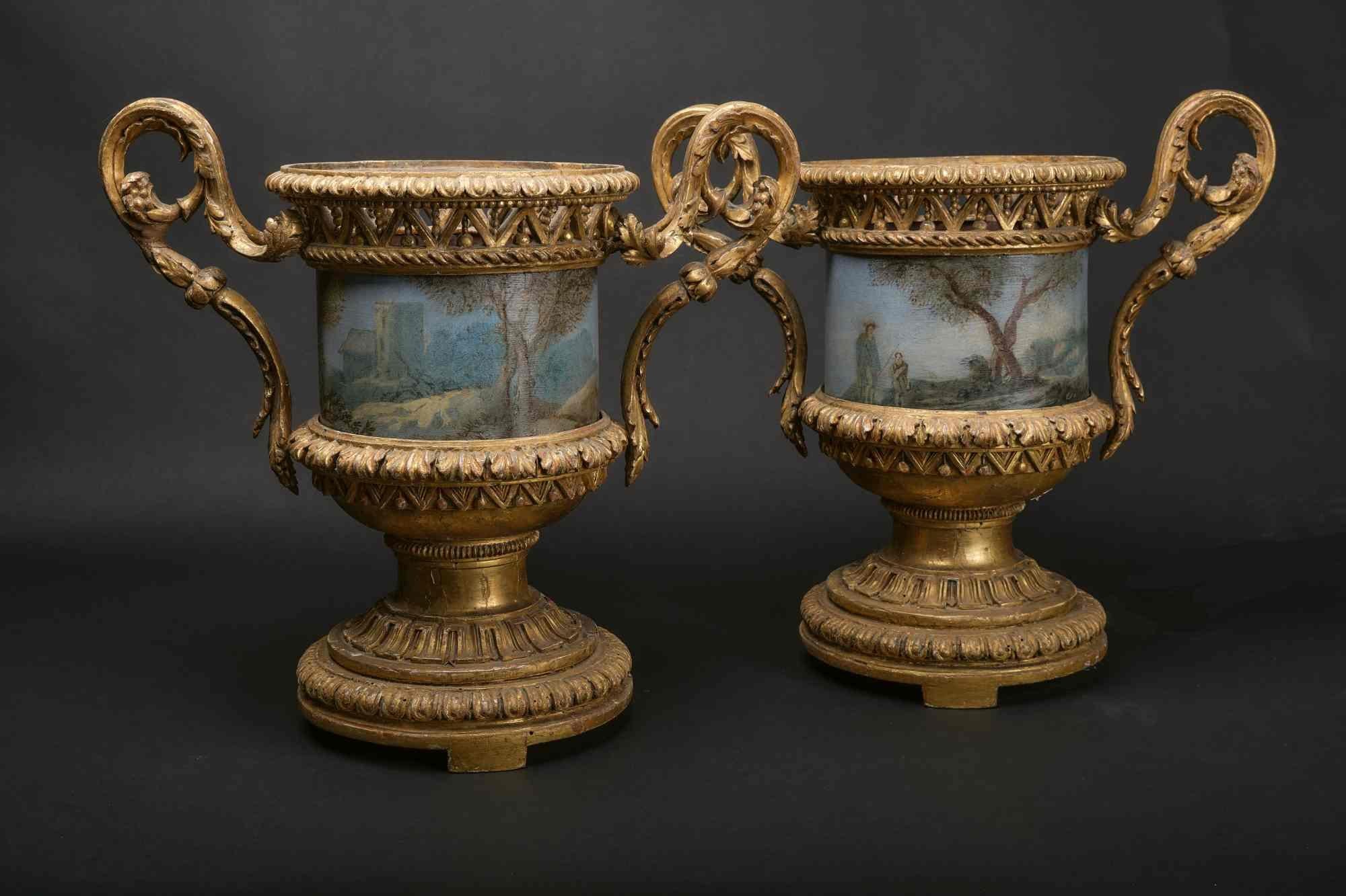 Italian Pair of Very Rare Carved and Gilted Wood Vases with Painted Sheet Metal Cachepot For Sale