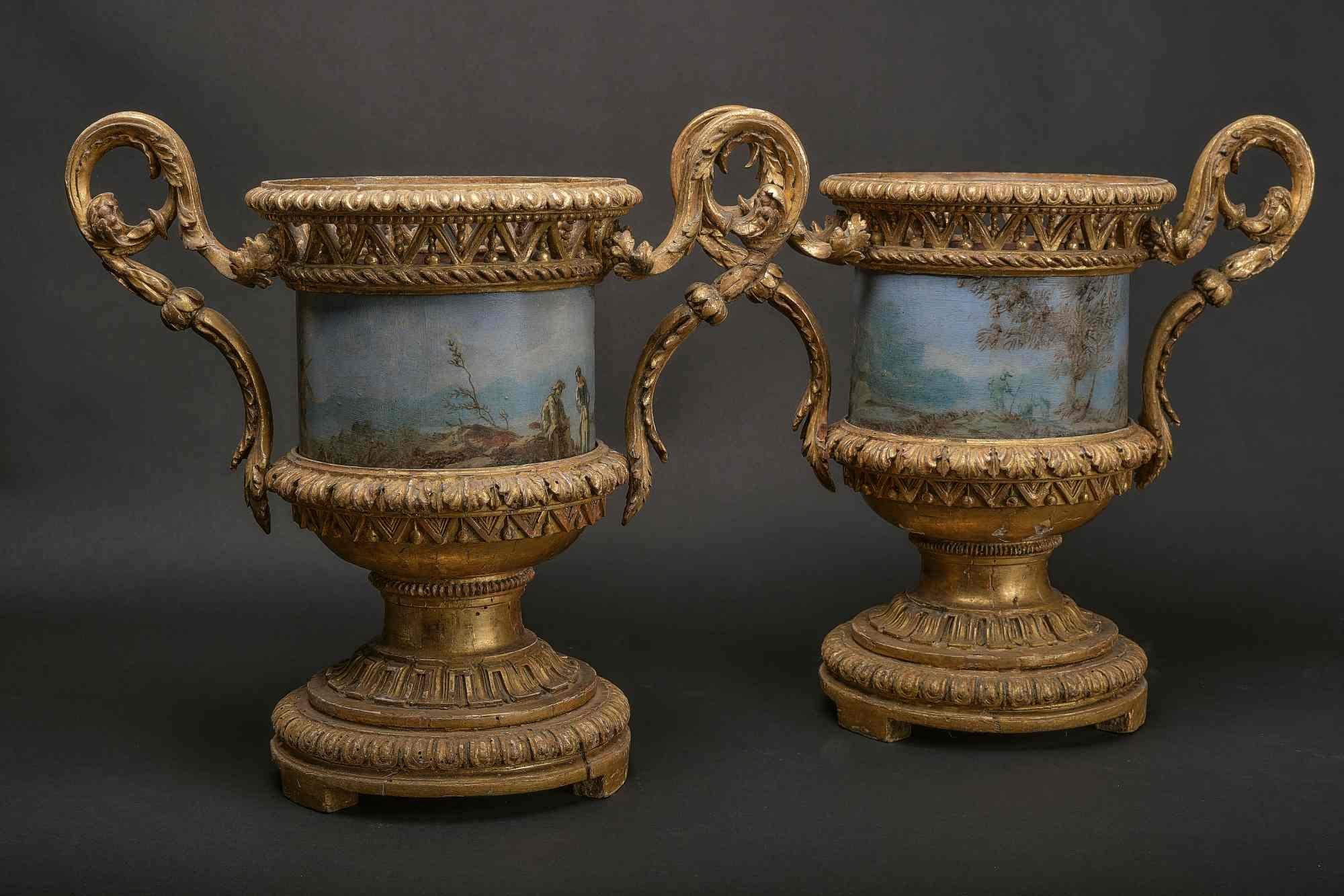 18th Century Pair of Very Rare Carved and Gilted Wood Vases with Painted Sheet Metal Cachepot For Sale