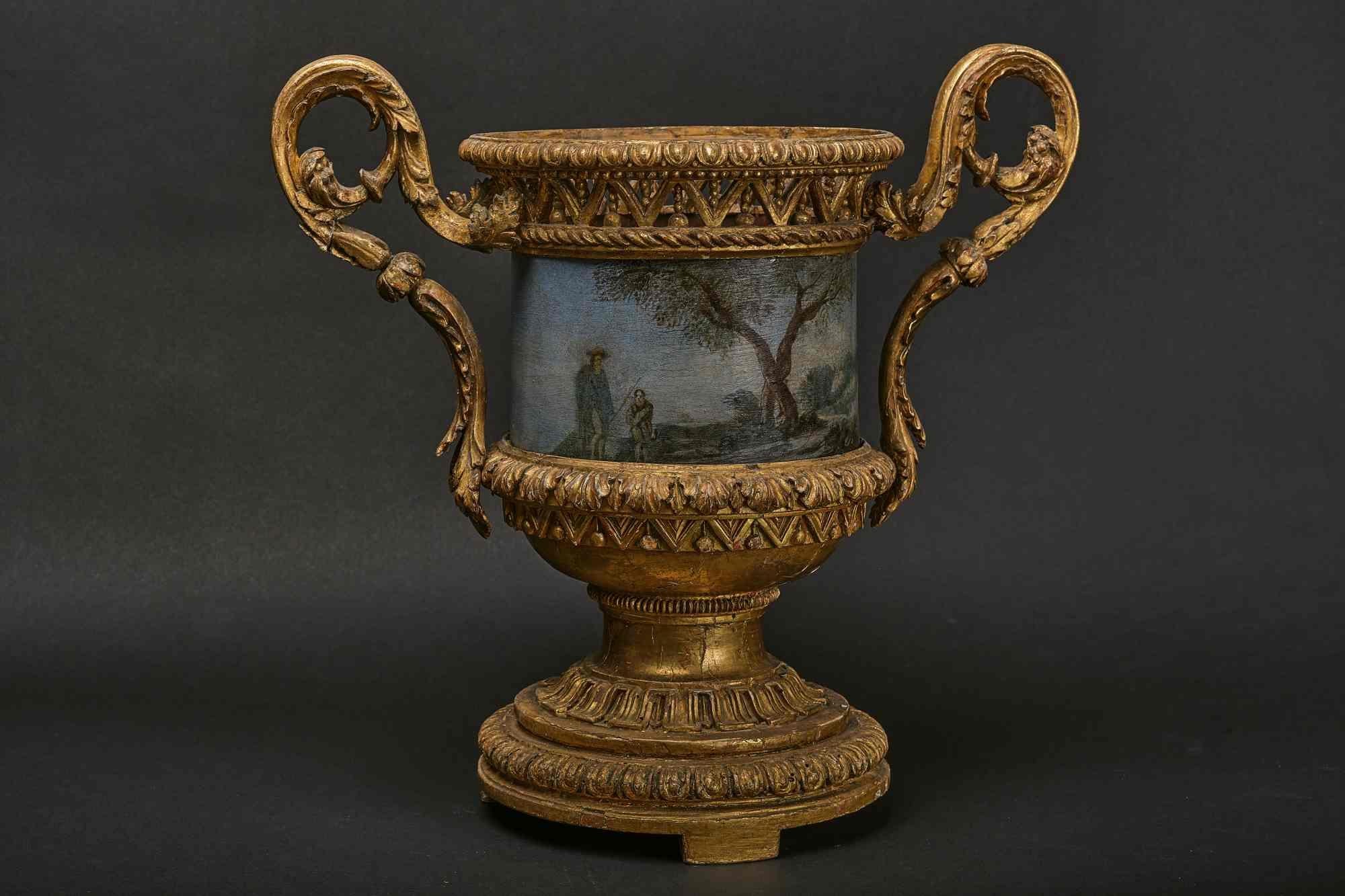 XVIIIe siècle Paire de vases en bois sculptés et dorés très rares avec cache-pot en métal peint en feuille en vente