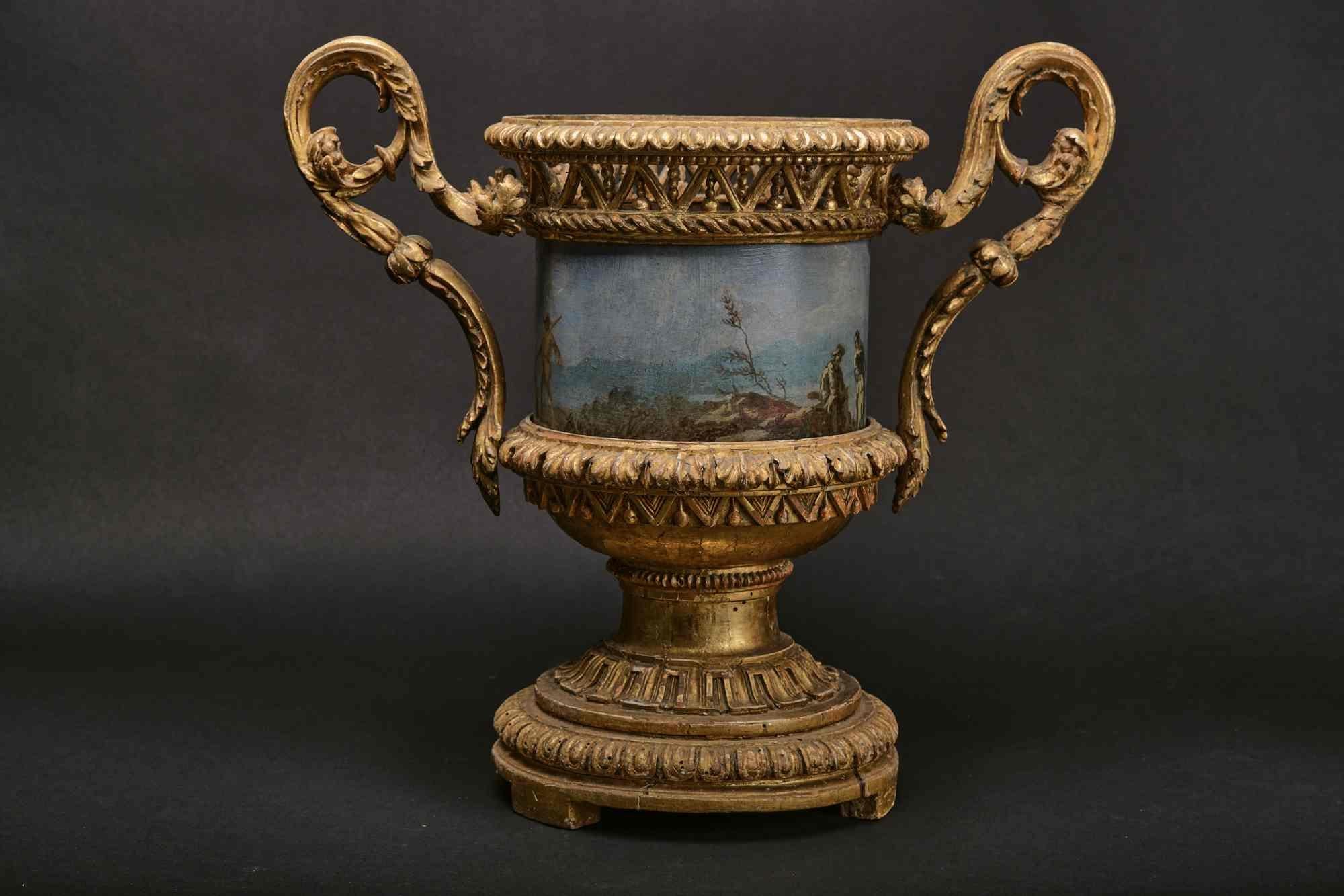 Tôle Paire de vases en bois sculptés et dorés très rares avec cache-pot en métal peint en feuille en vente