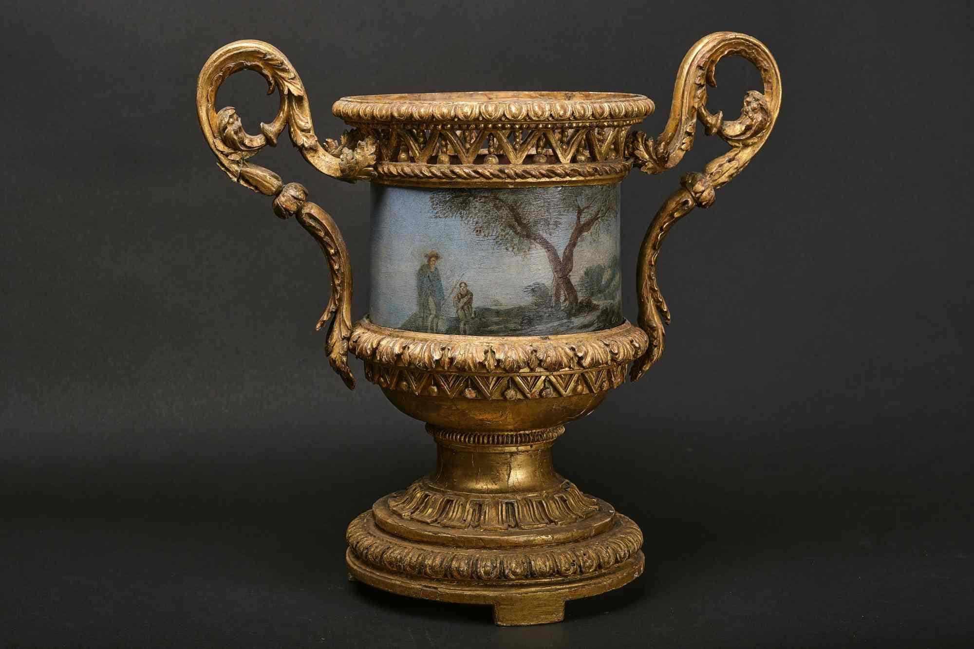Paire de vases en bois sculptés et dorés très rares avec cache-pot en métal peint en feuille en vente 1