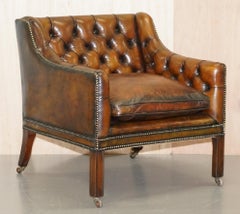 Pair of Very Rare Chesterfield Lutyen's Style Viceroy's Brown Leather Armchairs