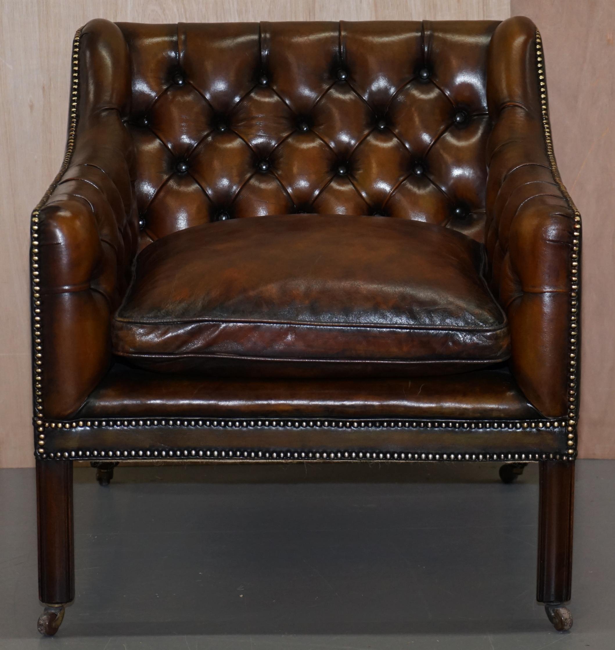 Victorian Pair of Very Rare Chesterfield Lutyen's Style Viceroy's Brown Leather Armchairs