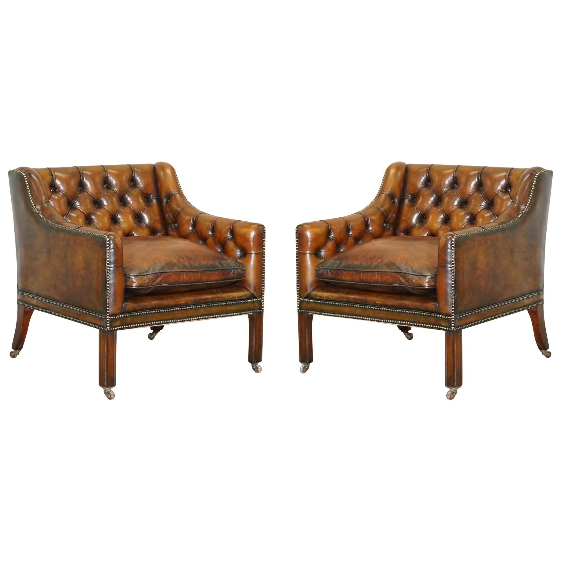 Pair of Very Rare Chesterfield Lutyen's Style Viceroy's Brown Leather Armchairs