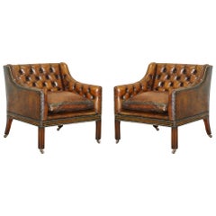 Pair of Very Rare Chesterfield Lutyen's Style Viceroy's Brown Leather Armchairs