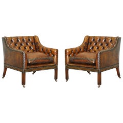 Pair of Very Rare Chesterfield Lutyen's Style Viceroy's Brown Leather Armchairs