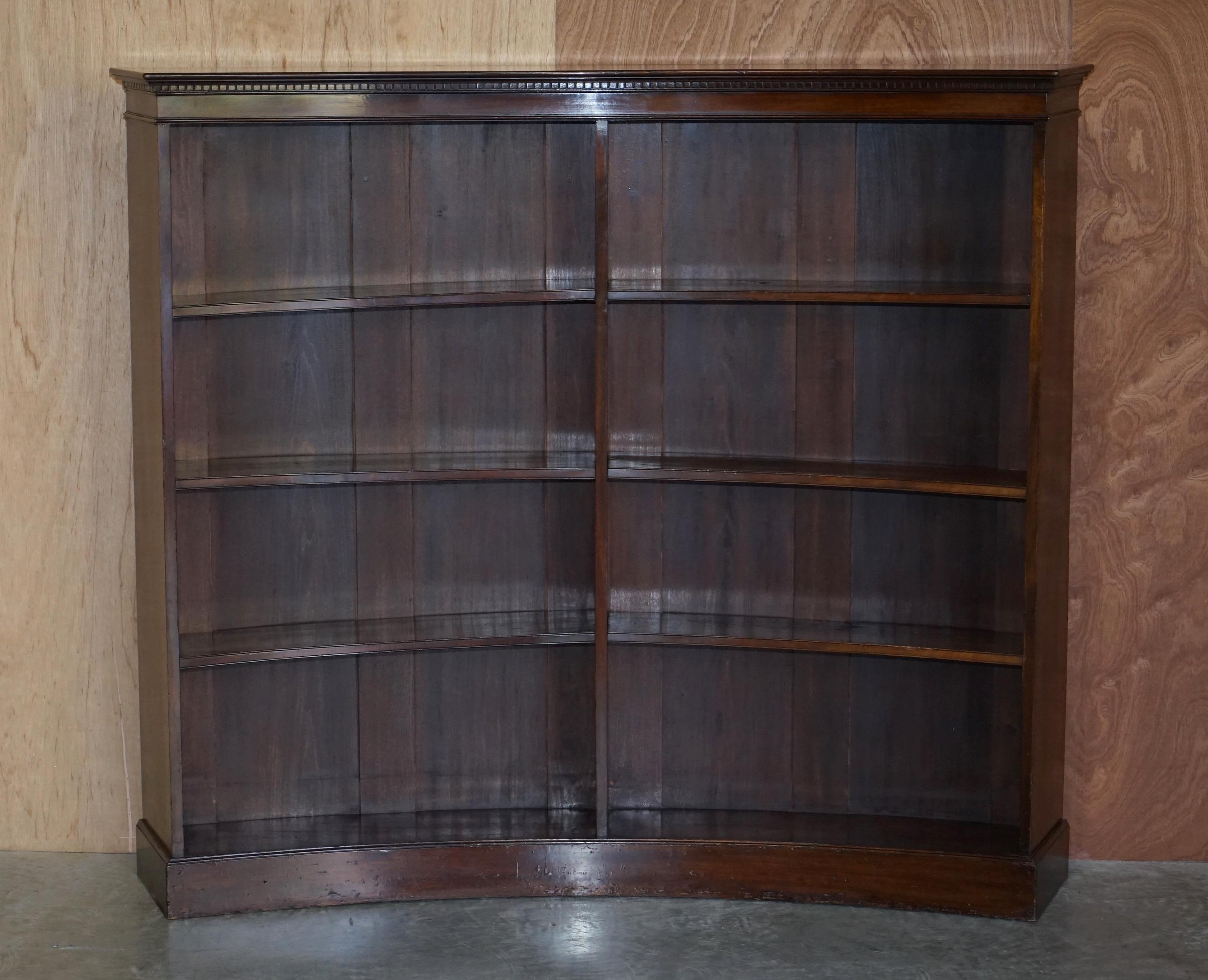 Hand-Crafted Pair of Very Rare Curved Antique Victorian Flamped Hardwood Library Bookcases