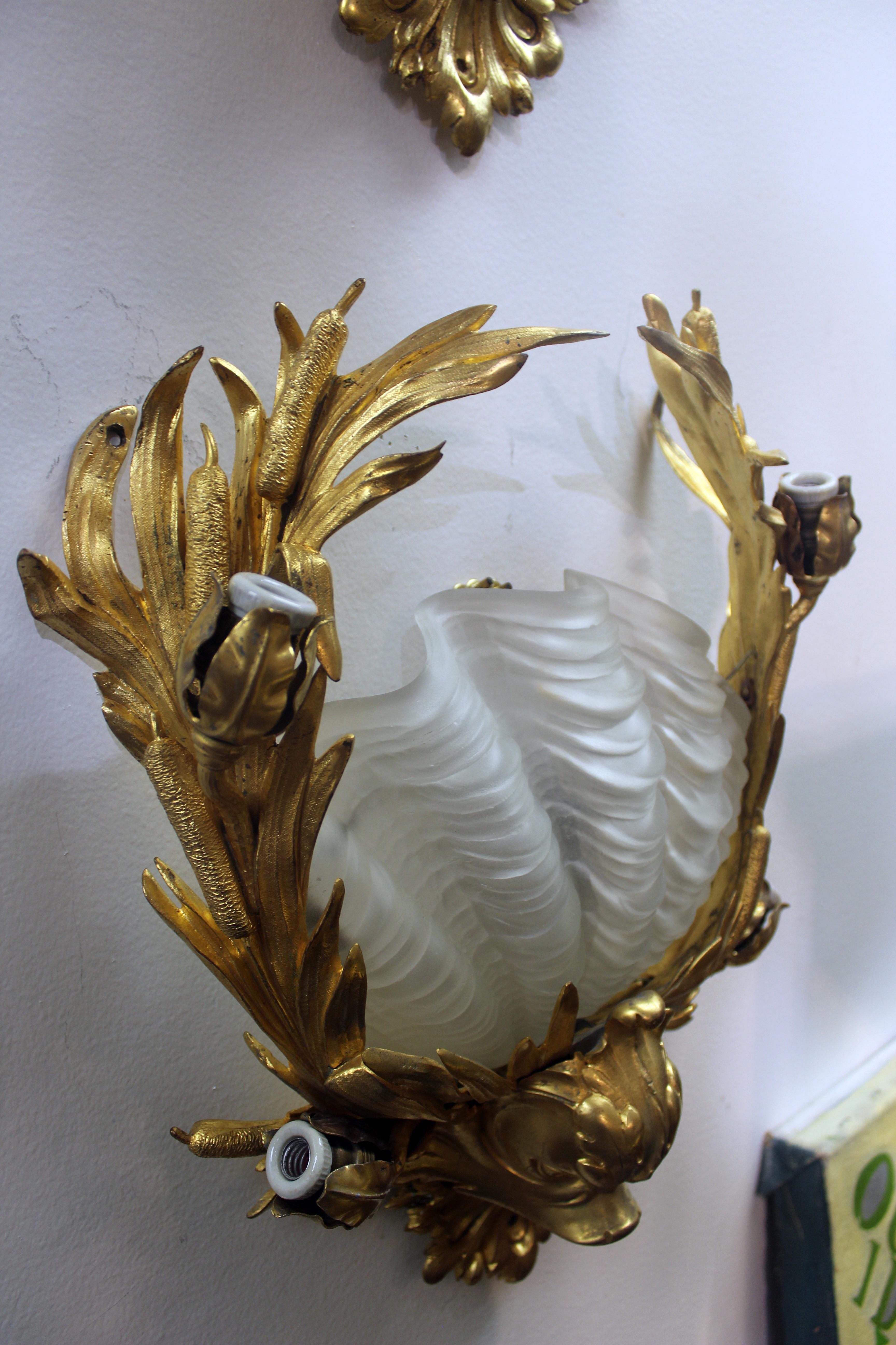Pair of Very Rare J. E. Caldwell Bronze and Glass Shell form Sconces In Good Condition For Sale In New york, NY