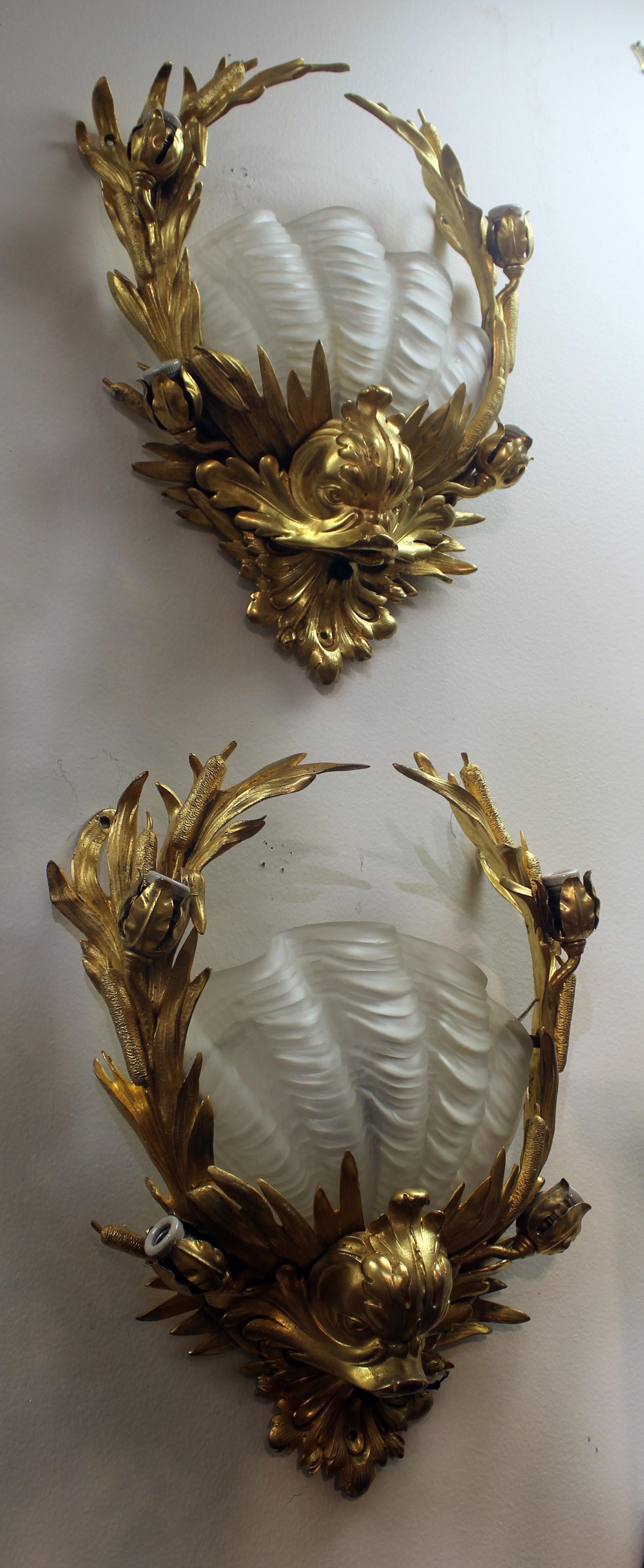 19th Century Pair of Very Rare J. E. Caldwell Bronze and Glass Shell form Sconces For Sale