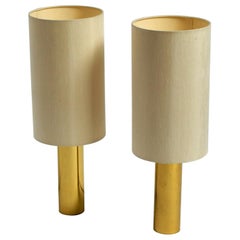 Pair of Very Rare Large Heavy Italian Brass Table Lamps with Silk Shades