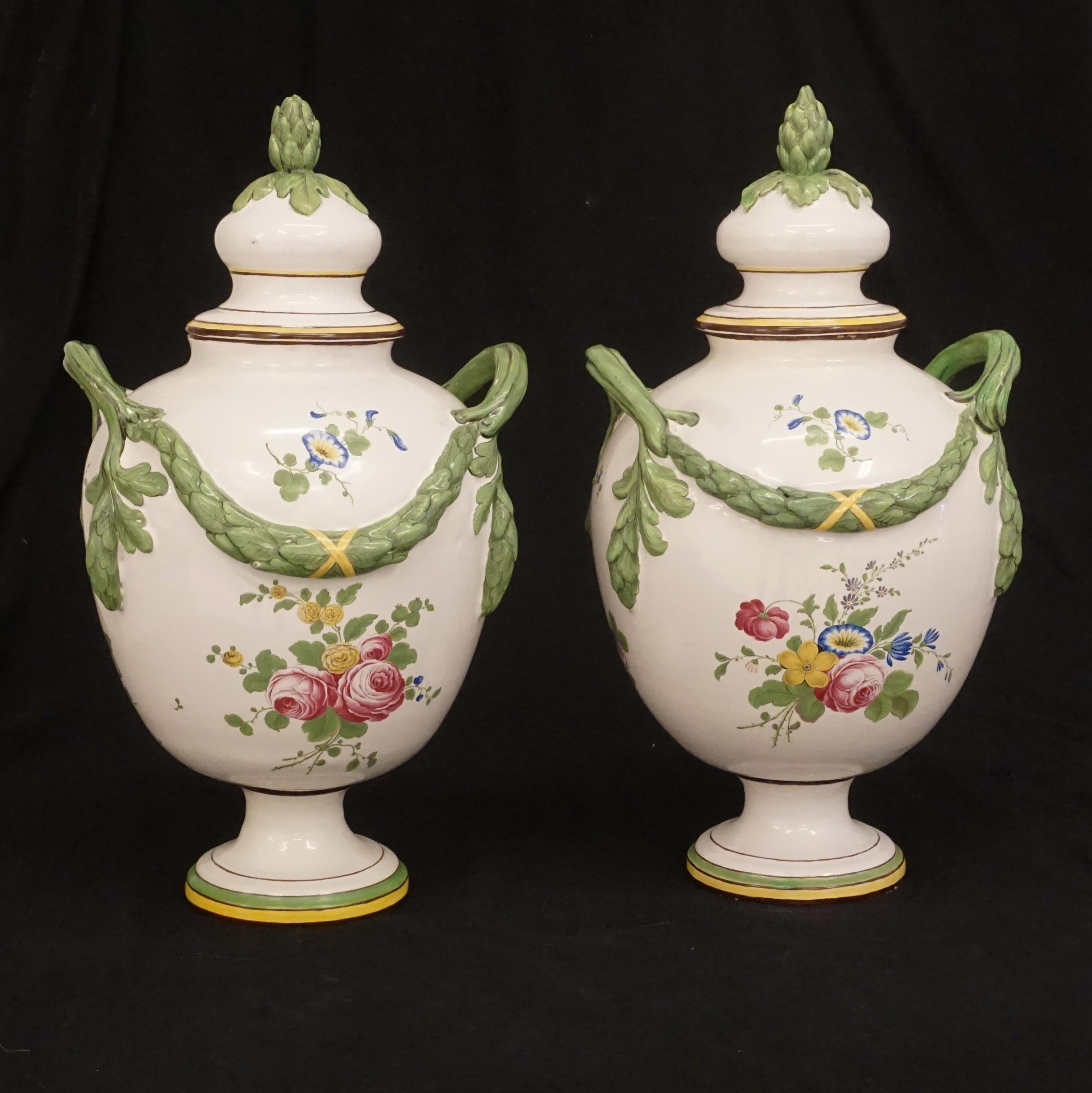 Pair of very rare signed Marieberg polychrome faience lidded vases
Signed circa 1765.