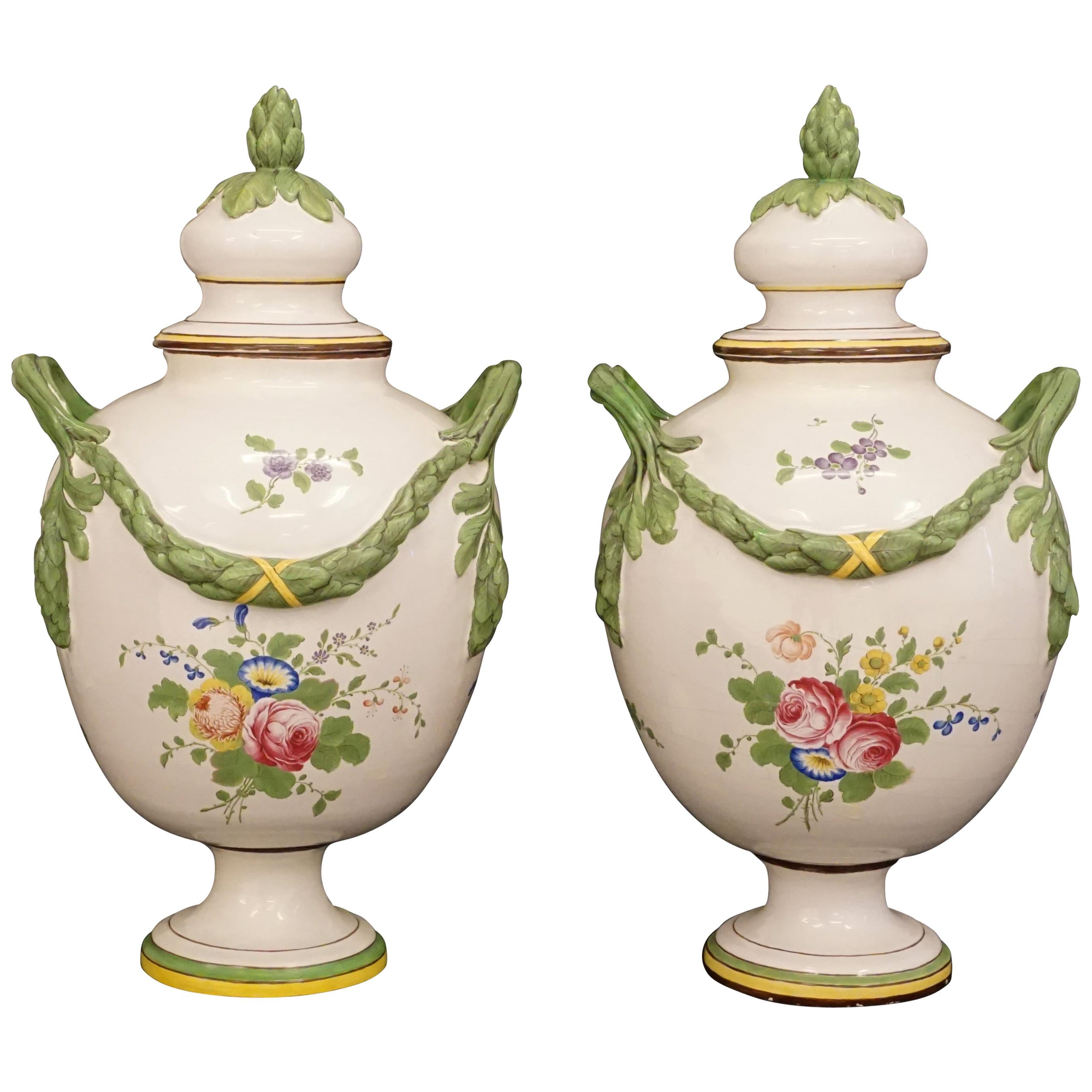Pair of Very Rare Swedish Signed Marieberg Polychrome Faience Lidded Vases