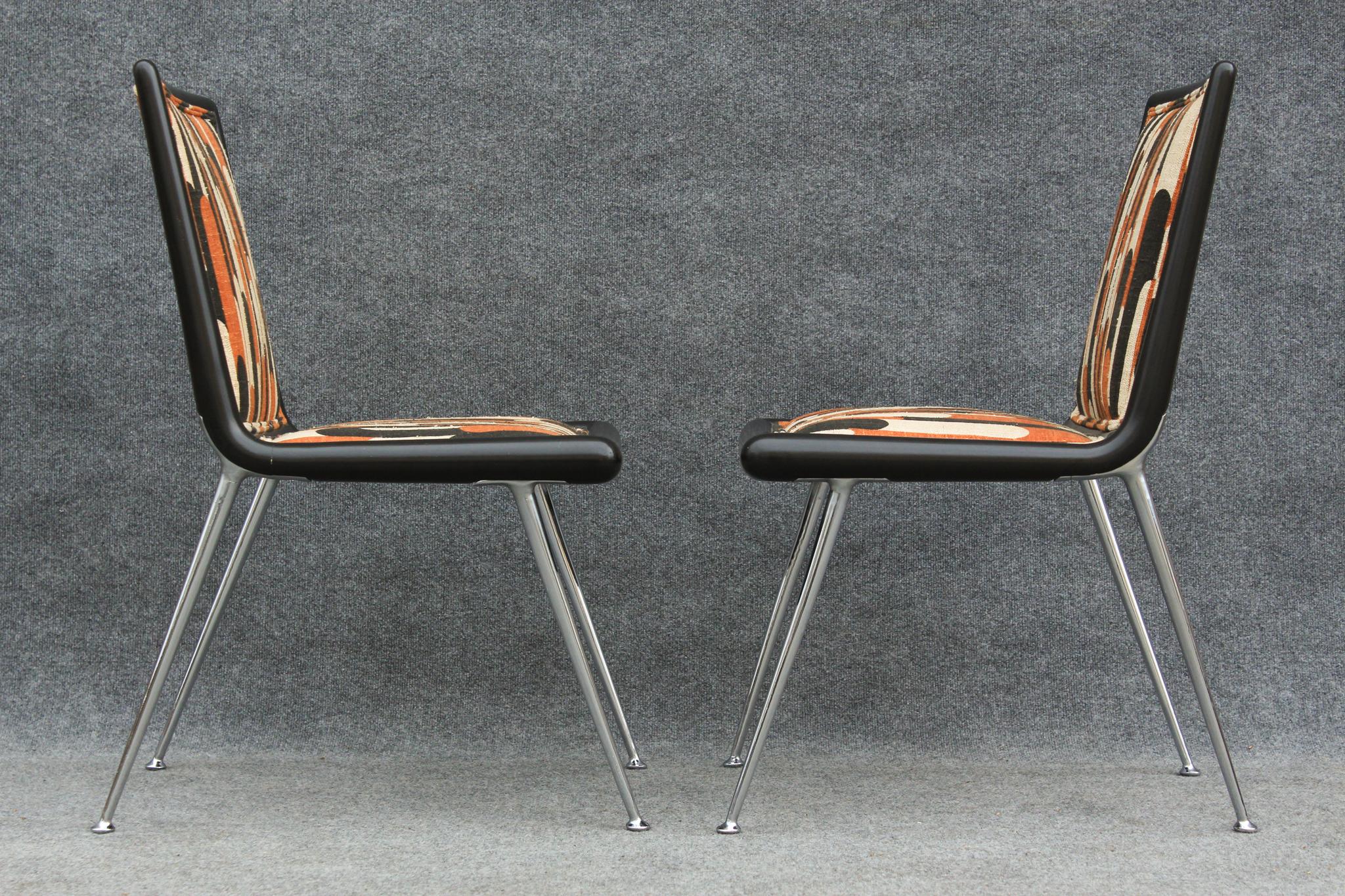 Pair of Very Rare T. H. Robsjohn Gibbings Side Chairs Wood & Nickel & Upholstery For Sale 3