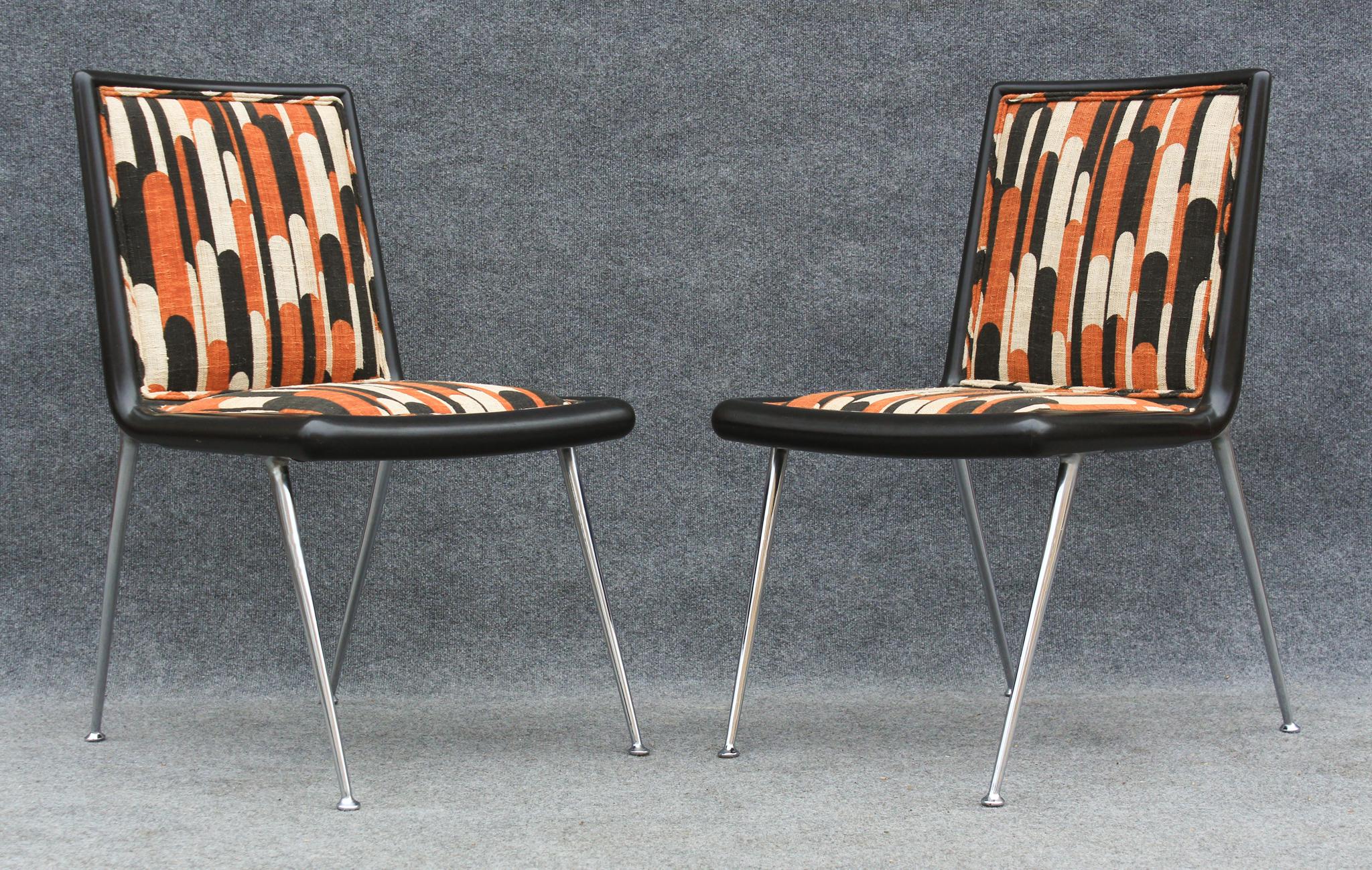 American Pair of Very Rare T. H. Robsjohn Gibbings Side Chairs Wood & Nickel & Upholstery For Sale