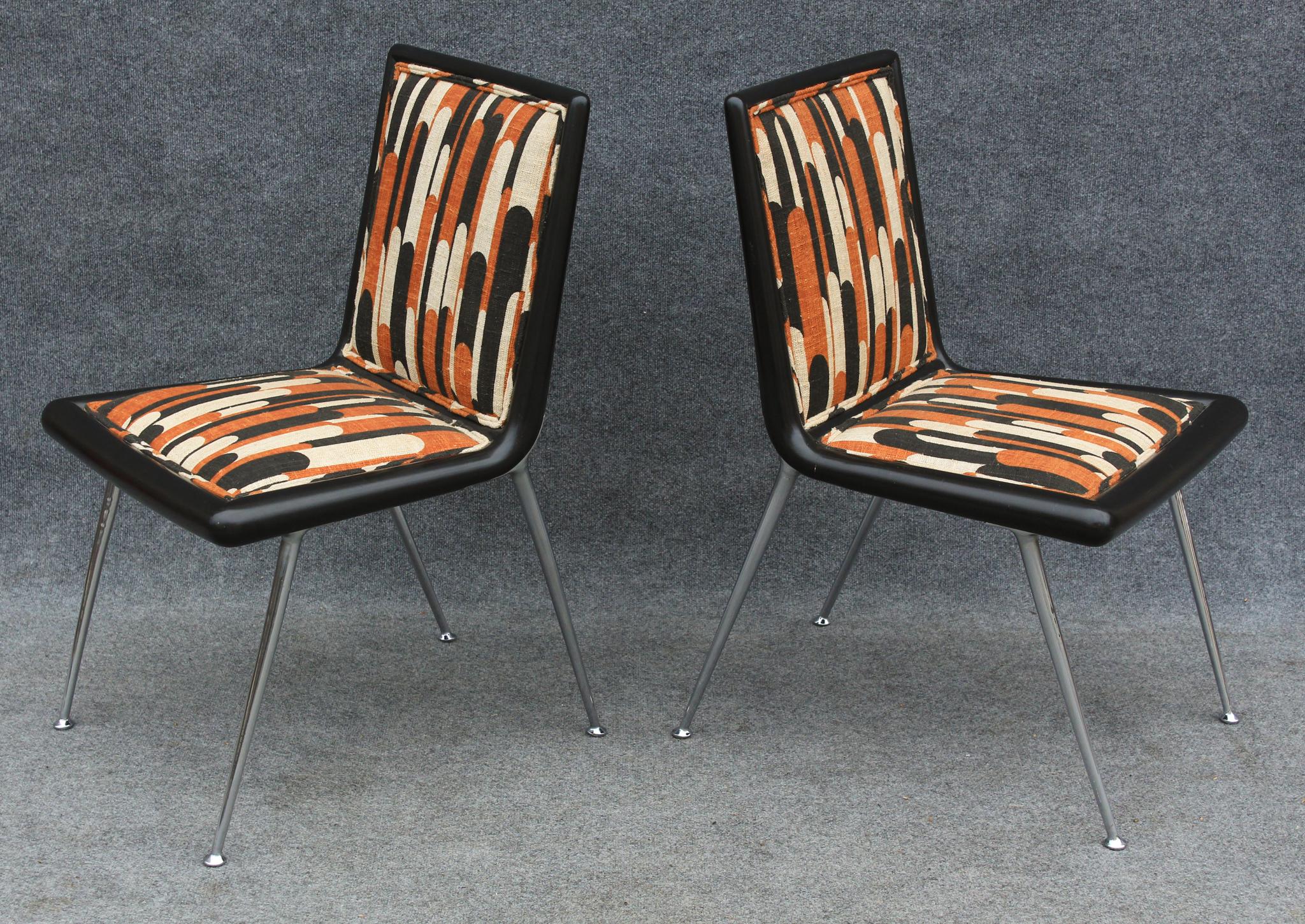 Plated Pair of Very Rare T. H. Robsjohn Gibbings Side Chairs Wood & Nickel & Upholstery For Sale