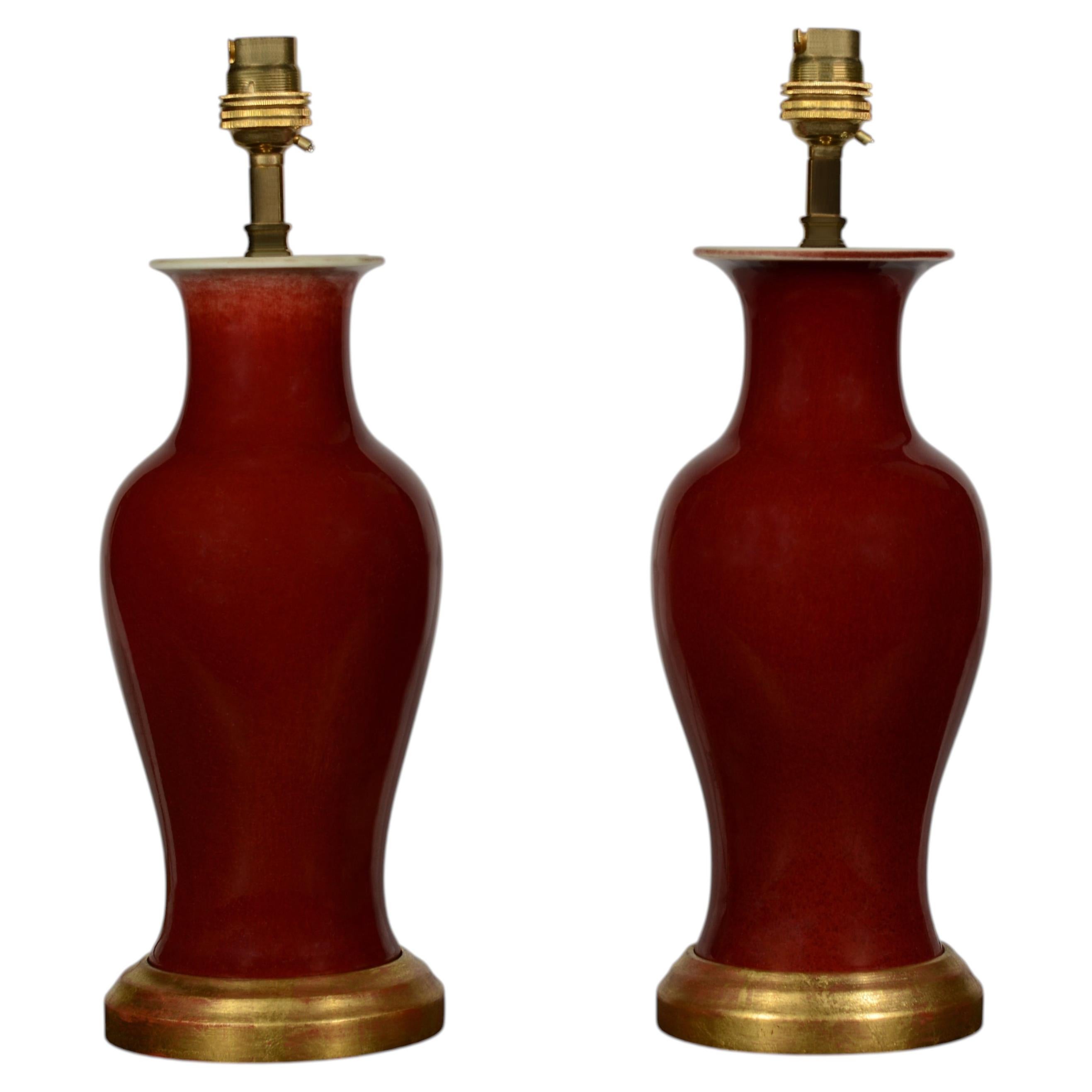 Pair of Very Small Chinese Sang De Boeuf Baluster Porcelain Table Lamps